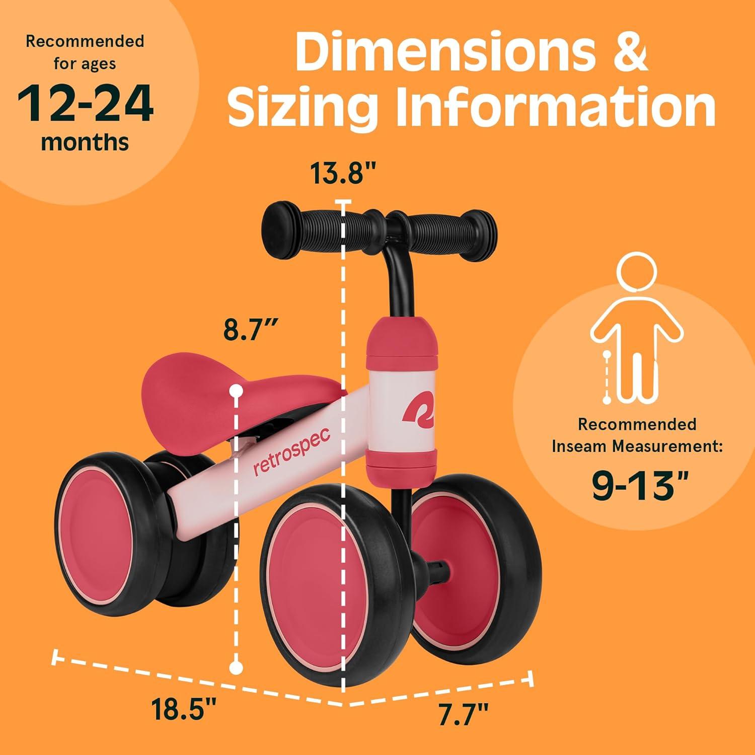 Retrospec Cricket Baby Balance Bike, 4-Wheel Ride-On Toy for Ages 12-24 Months – First Bike & Toddler Bike for 1 Year Old Boys & Girls, First Birthday Gift(Blush)