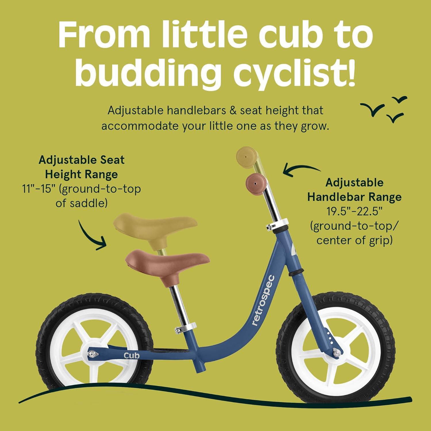 Retrospec Cub Toddler Balance Bike for Ages 18 Months – 3 Years – 12in No-Pedal Beginner Bicycle with Adjustable Seat, Puncture-Proof Tires & Safe Low Frame Design(Navy)