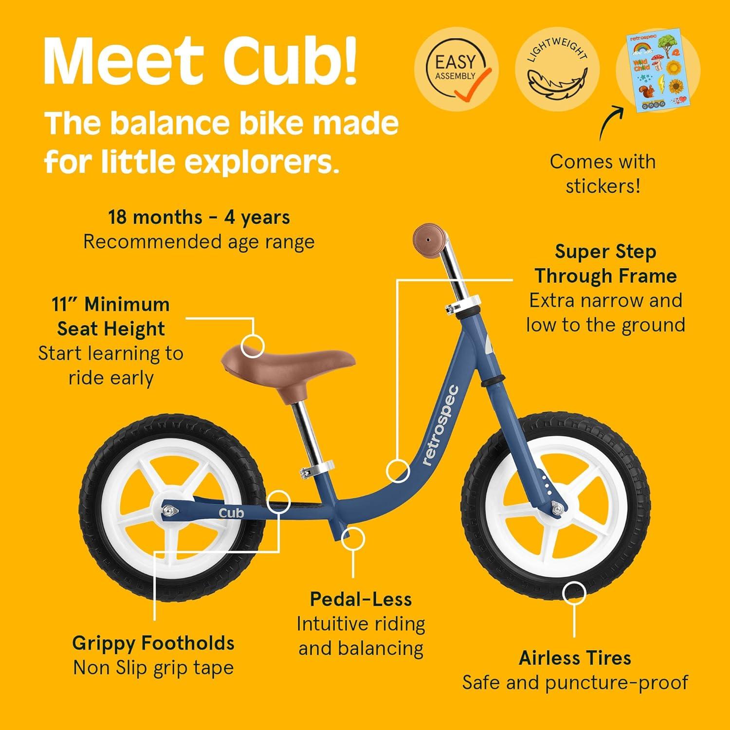 Retrospec Cub Toddler Balance Bike for Ages 18 Months – 3 Years – 12in No-Pedal Beginner Bicycle with Adjustable Seat, Puncture-Proof Tires & Safe Low Frame Design(Navy)