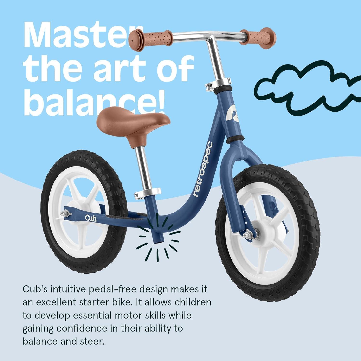 Retrospec Cub Toddler Balance Bike for Ages 18 Months – 3 Years – 12in No-Pedal Beginner Bicycle with Adjustable Seat, Puncture-Proof Tires & Safe Low Frame Design(Navy)