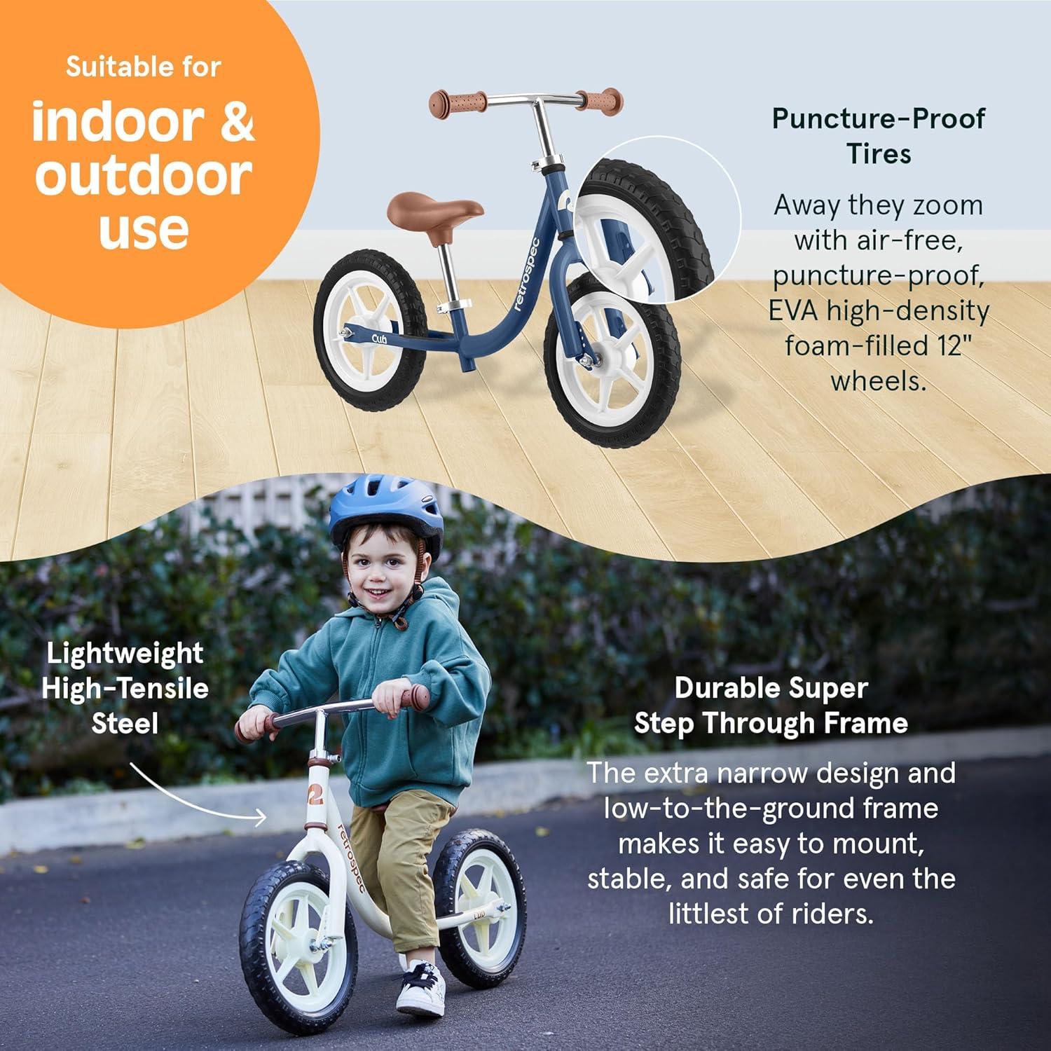 Retrospec Cub Toddler Balance Bike for Ages 18 Months – 3 Years – 12in No-Pedal Beginner Bicycle with Adjustable Seat, Puncture-Proof Tires & Safe Low Frame Design(Navy)