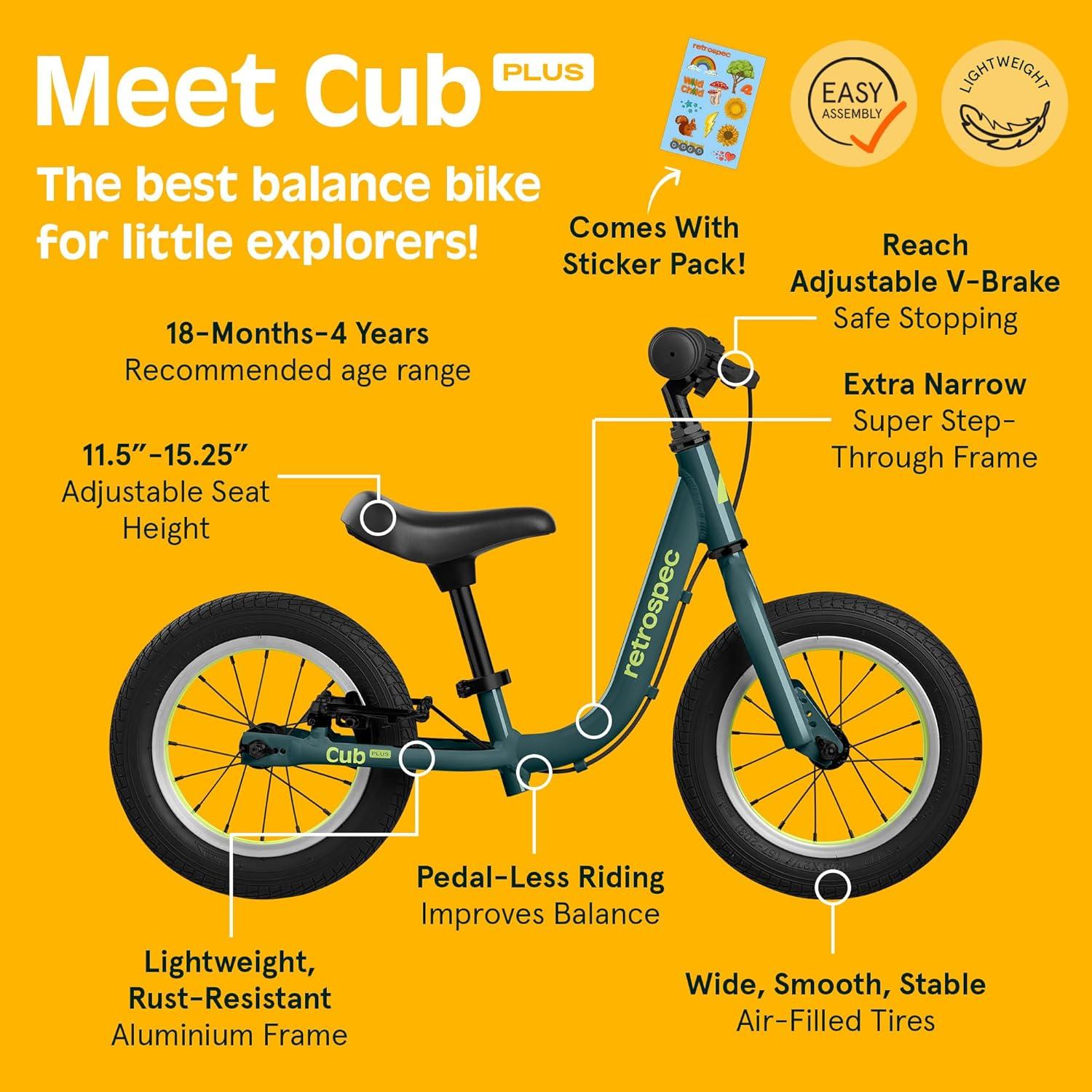 Retrospec Cub Plus Toddler Balance Bike for Boys & Girls Ages 18 Months – 4 Years No Pedals with Lightweight Frame and Adjustable V-Brake, Seat and Handlebar for Kids(Cypress Blue)