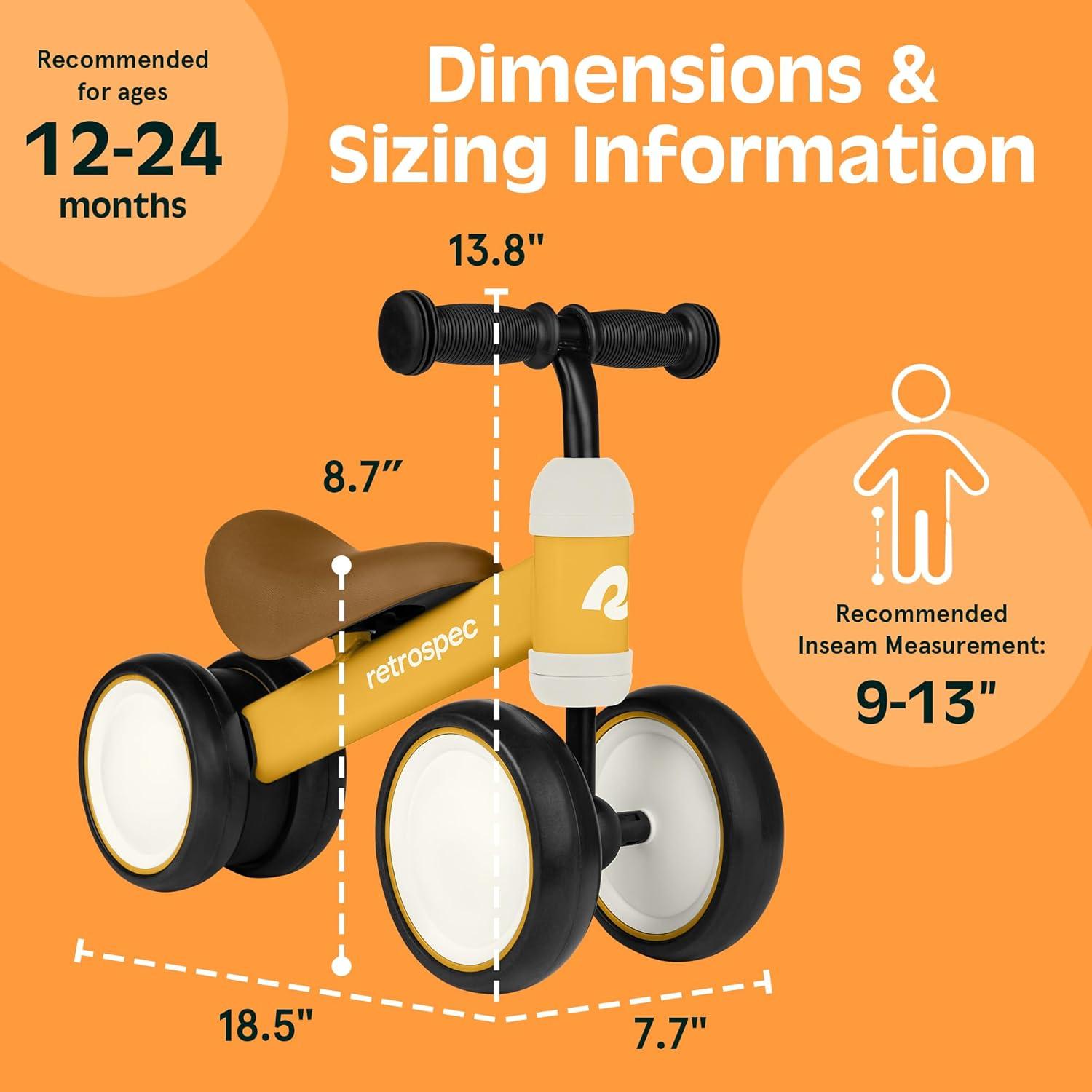 Retrospec Cricket Baby Balance Bike, 4-Wheel Ride-On Toy for Ages 12-24 Months – First Bike & Toddler Bike for 1 Year Old Boys & Girls, First Birthday Gift(Sunflower)