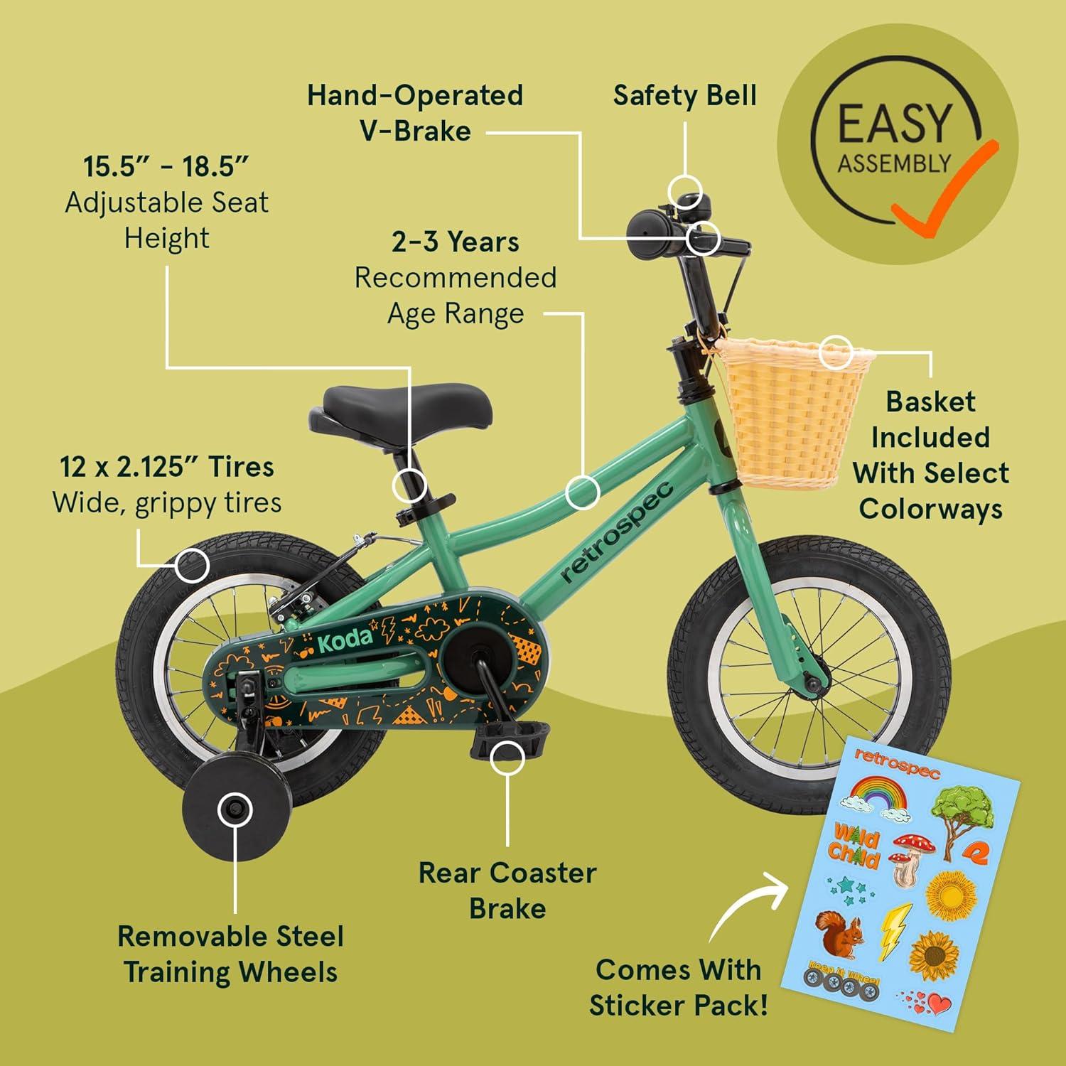 Retrospec Koda Plus Kids Bike for Boys & Girls Ages 2-3 Years – 12″ Children’s Bicycle, Adjustable Seat & Handlebars, Removable Training Wheels, Front Hand Brakes, Rear Coaster Brake & Safety Bell(Mantis)