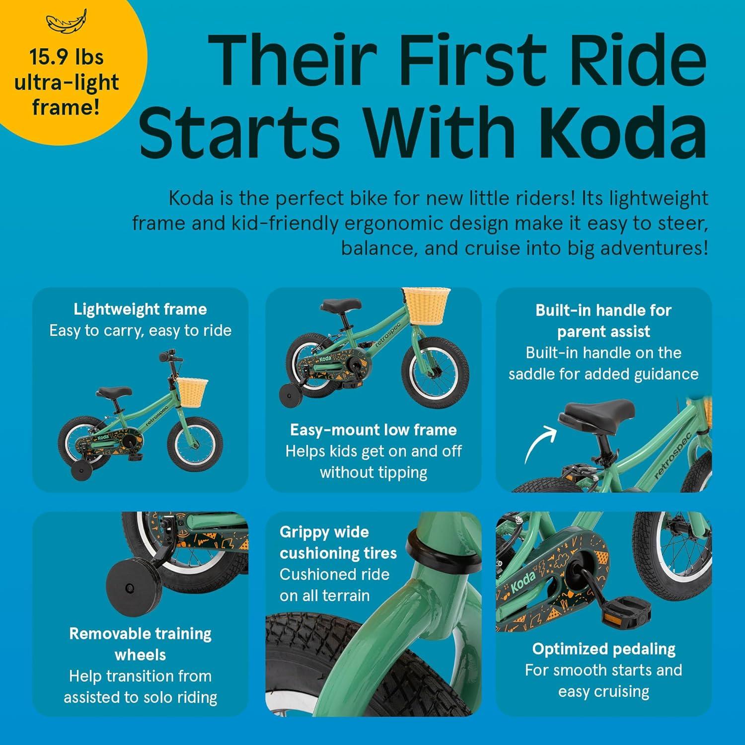 Retrospec Koda Plus Kids Bike for Boys & Girls Ages 2-3 Years – 12″ Children’s Bicycle, Adjustable Seat & Handlebars, Removable Training Wheels, Front Hand Brakes, Rear Coaster Brake & Safety Bell(Mantis)