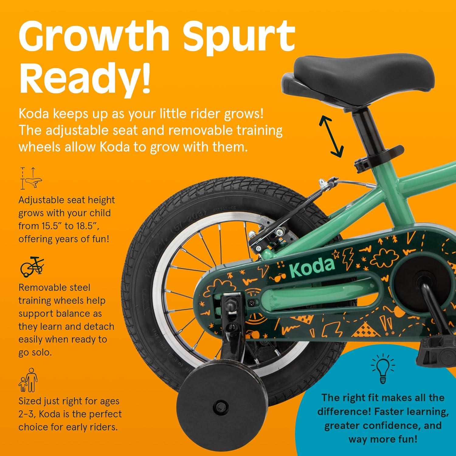 Retrospec Koda Plus Kids Bike for Boys & Girls Ages 2-3 Years – 12″ Children’s Bicycle, Adjustable Seat & Handlebars, Removable Training Wheels, Front Hand Brakes, Rear Coaster Brake & Safety Bell(Mantis)