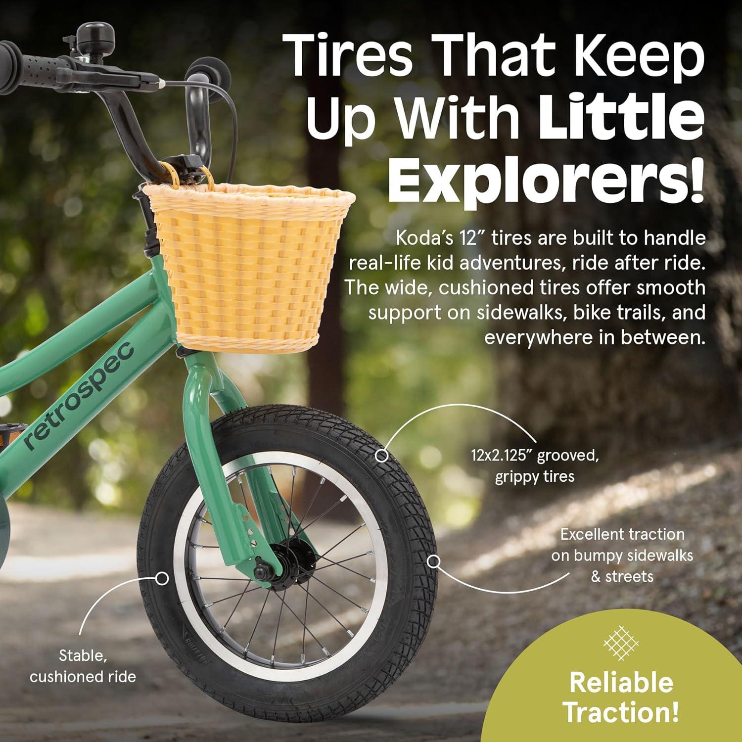 Retrospec Koda Plus Kids Bike for Boys & Girls Ages 2-3 Years – 12″ Children’s Bicycle, Adjustable Seat & Handlebars, Removable Training Wheels, Front Hand Brakes, Rear Coaster Brake & Safety Bell(Mantis)