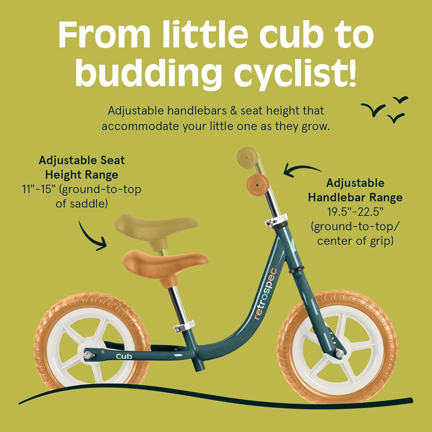 Retrospec Cub Toddler Balance Bike for Ages 18 Months – 3 Years – 12in No-Pedal Beginner Bicycle with Adjustable Seat, Puncture-Proof Tires & Safe Low Frame Design(Rainforest)