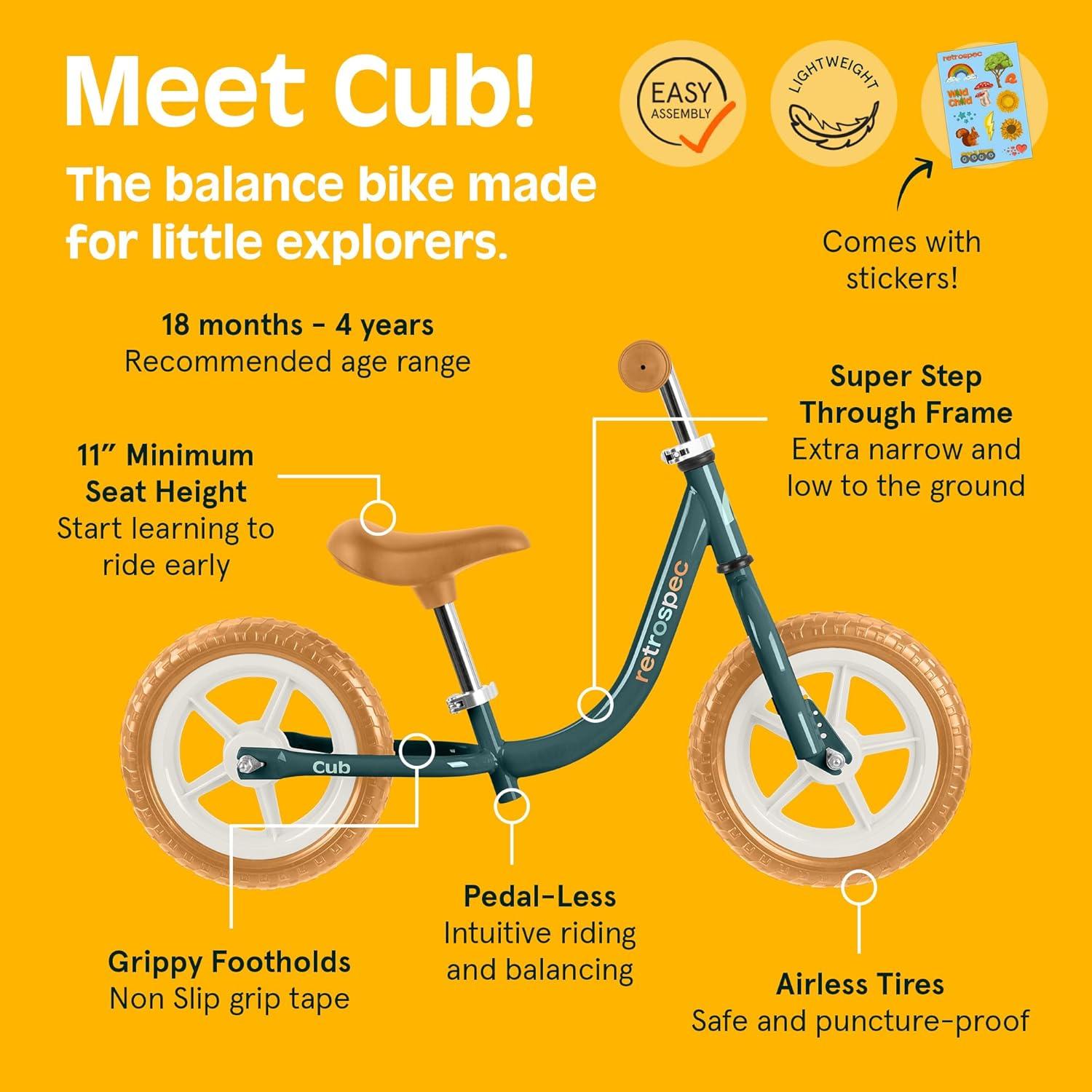 Retrospec Cub Toddler Balance Bike for Ages 18 Months – 3 Years – 12in No-Pedal Beginner Bicycle with Adjustable Seat, Puncture-Proof Tires & Safe Low Frame Design(Rainforest)