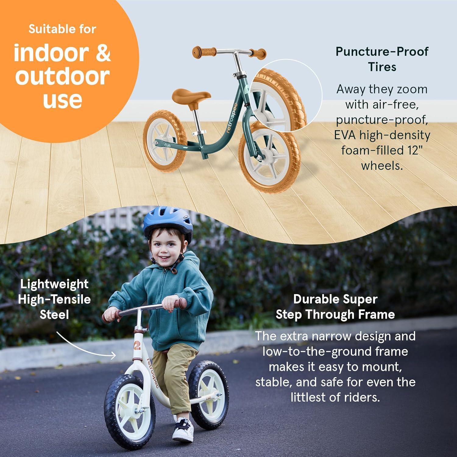 Retrospec Cub Toddler Balance Bike for Ages 18 Months – 3 Years – 12in No-Pedal Beginner Bicycle with Adjustable Seat, Puncture-Proof Tires & Safe Low Frame Design(Rainforest)