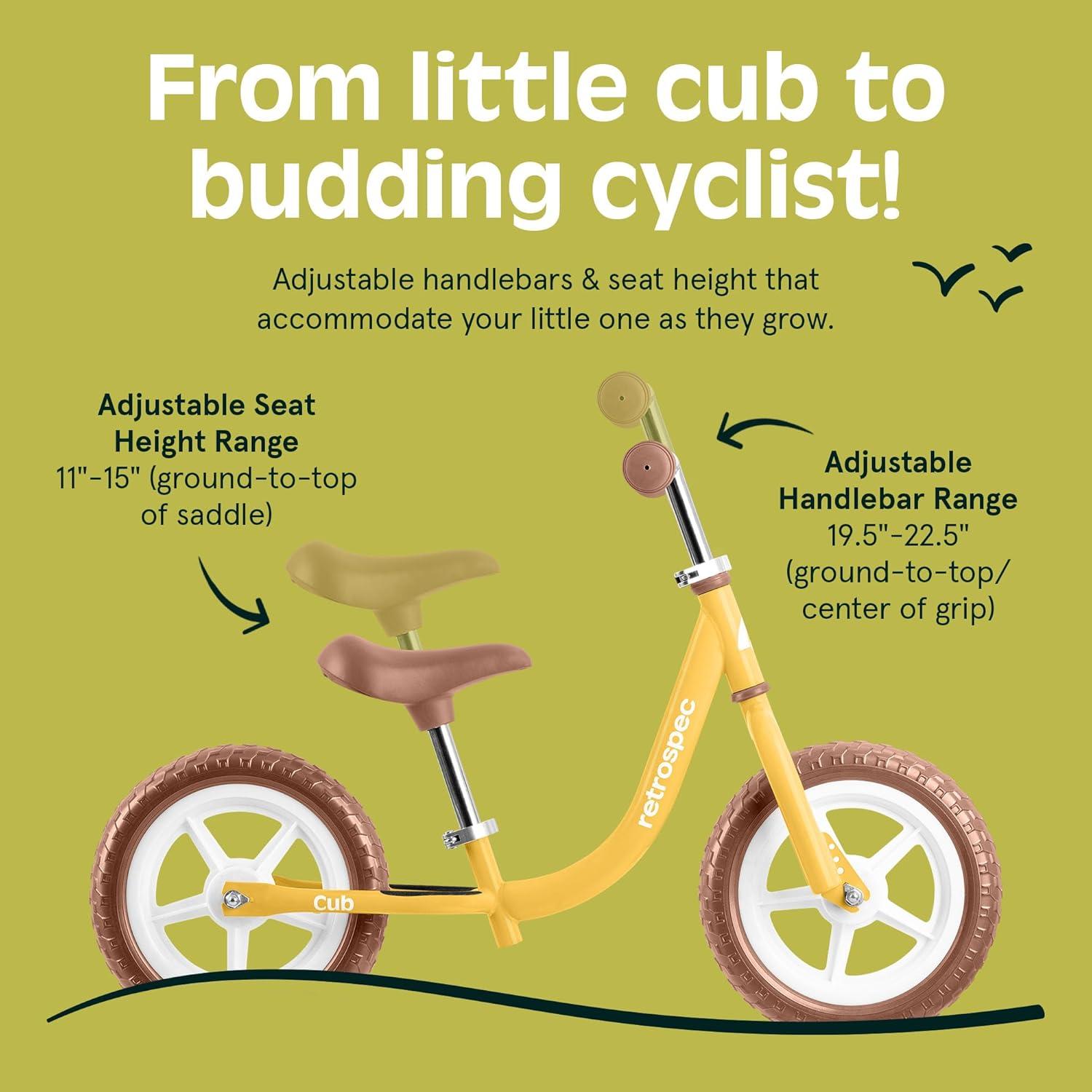 Retrospec Cub Toddler Balance Bike for Ages 18 Months – 3 Years – 12in No-Pedal Beginner Bicycle with Adjustable Seat, Puncture-Proof Tires & Safe Low Frame Design(Sunflower)