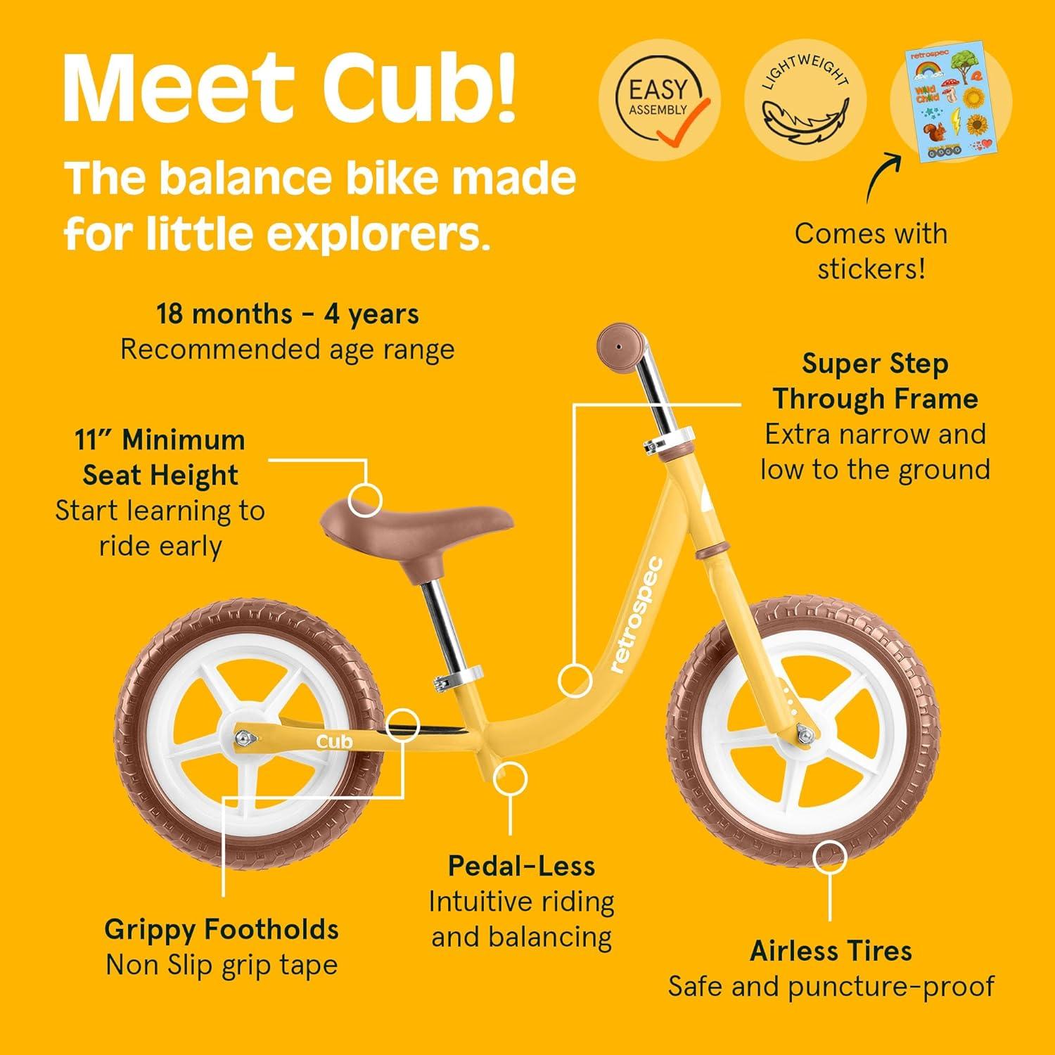 Retrospec Cub Toddler Balance Bike for Ages 18 Months – 3 Years – 12in No-Pedal Beginner Bicycle with Adjustable Seat, Puncture-Proof Tires & Safe Low Frame Design(Sunflower)