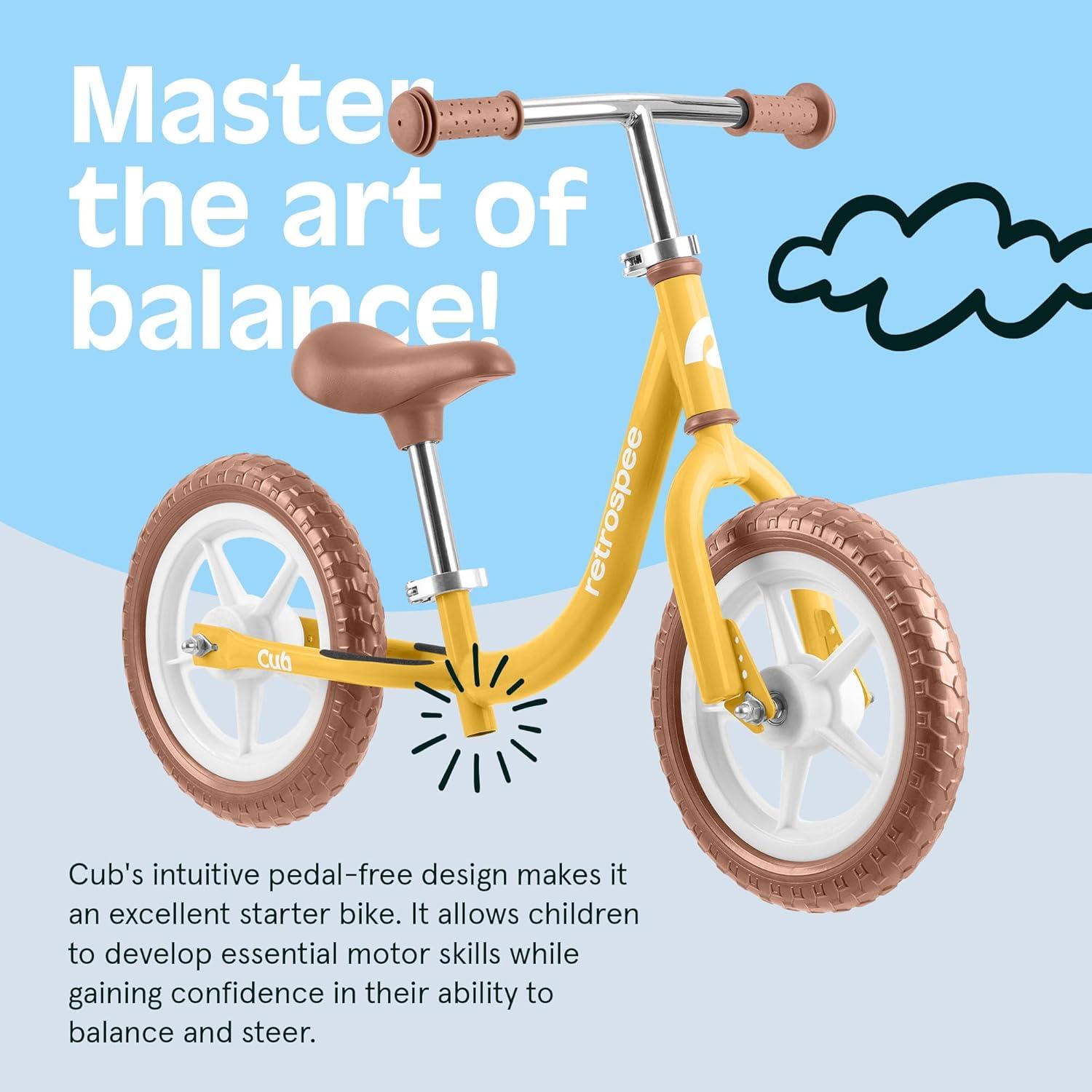 Retrospec Cub Toddler Balance Bike for Ages 18 Months – 3 Years – 12in No-Pedal Beginner Bicycle with Adjustable Seat, Puncture-Proof Tires & Safe Low Frame Design(Sunflower)