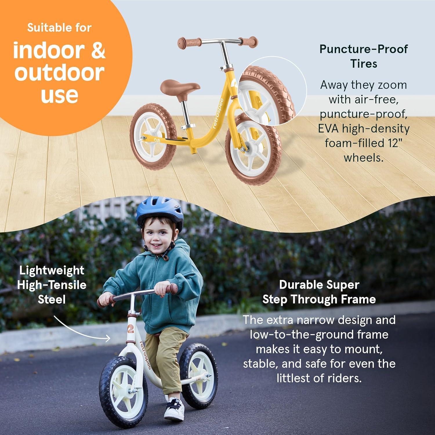Retrospec Cub Toddler Balance Bike for Ages 18 Months – 3 Years – 12in No-Pedal Beginner Bicycle with Adjustable Seat, Puncture-Proof Tires & Safe Low Frame Design(Sunflower)