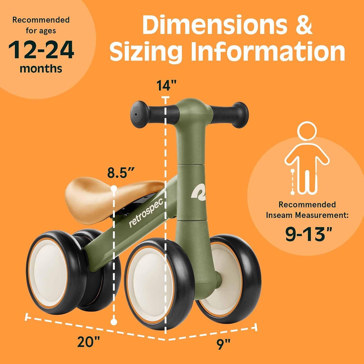Retrospec Cricket 2 Baby Walker Balance Bike with 4 Wheels – Safe Learning Toy for Ages 12-24 Months – Scratch-Resistant Indoor Outdoor Toddler Riding Toy with Steering Limit & Soft Grips(Olive Drab)