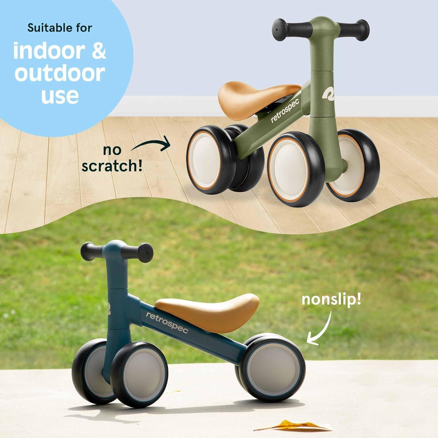 Retrospec Cricket 2 Baby Walker Balance Bike with 4 Wheels – Safe Learning Toy for Ages 12-24 Months – Scratch-Resistant Indoor Outdoor Toddler Riding Toy with Steering Limit & Soft Grips(Olive Drab)