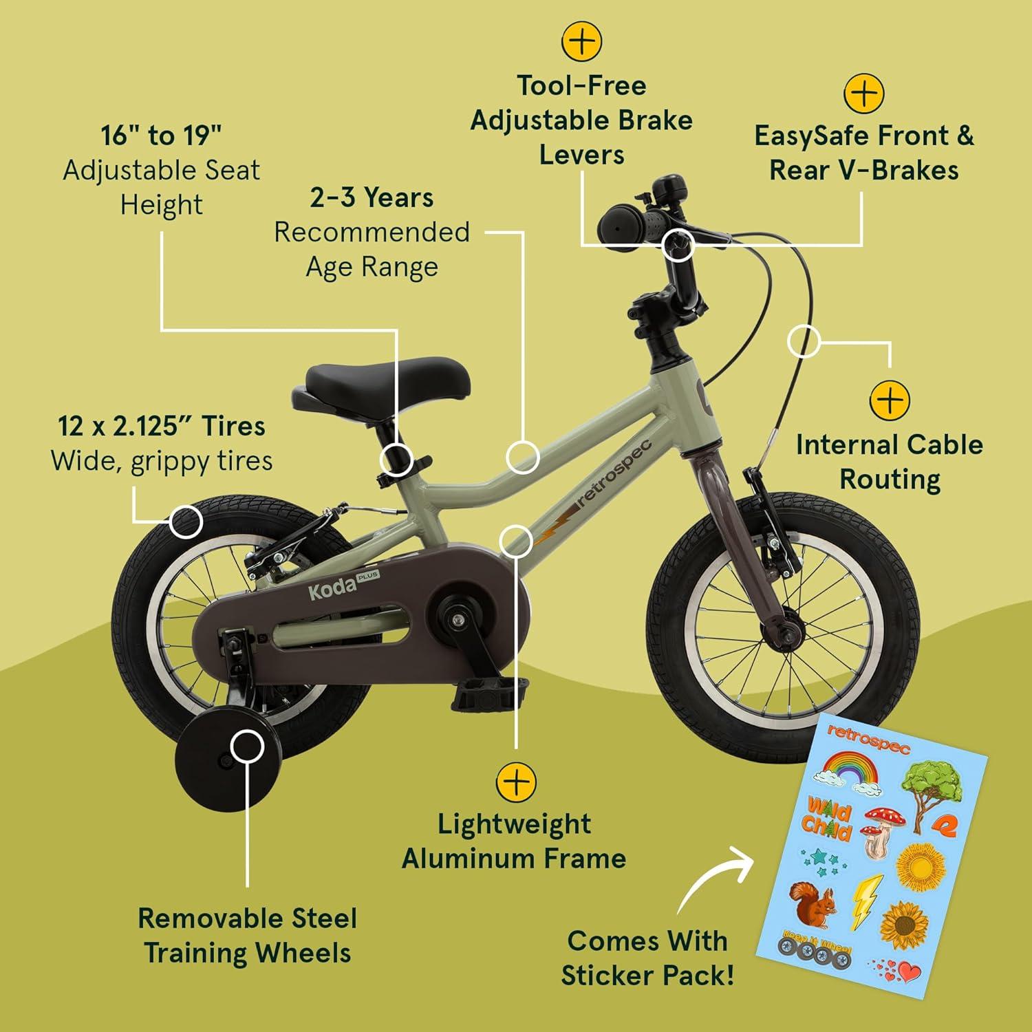Retrospec Koda Plus Kids Bike for Boys & Girls Ages 2-3 Years – 12″ Children’s Bicycle, Adjustable Seat & Handlebars, Removable Training Wheels, Front Hand Brakes, Rear Coaster Brake & Safety Bell(Iguana)