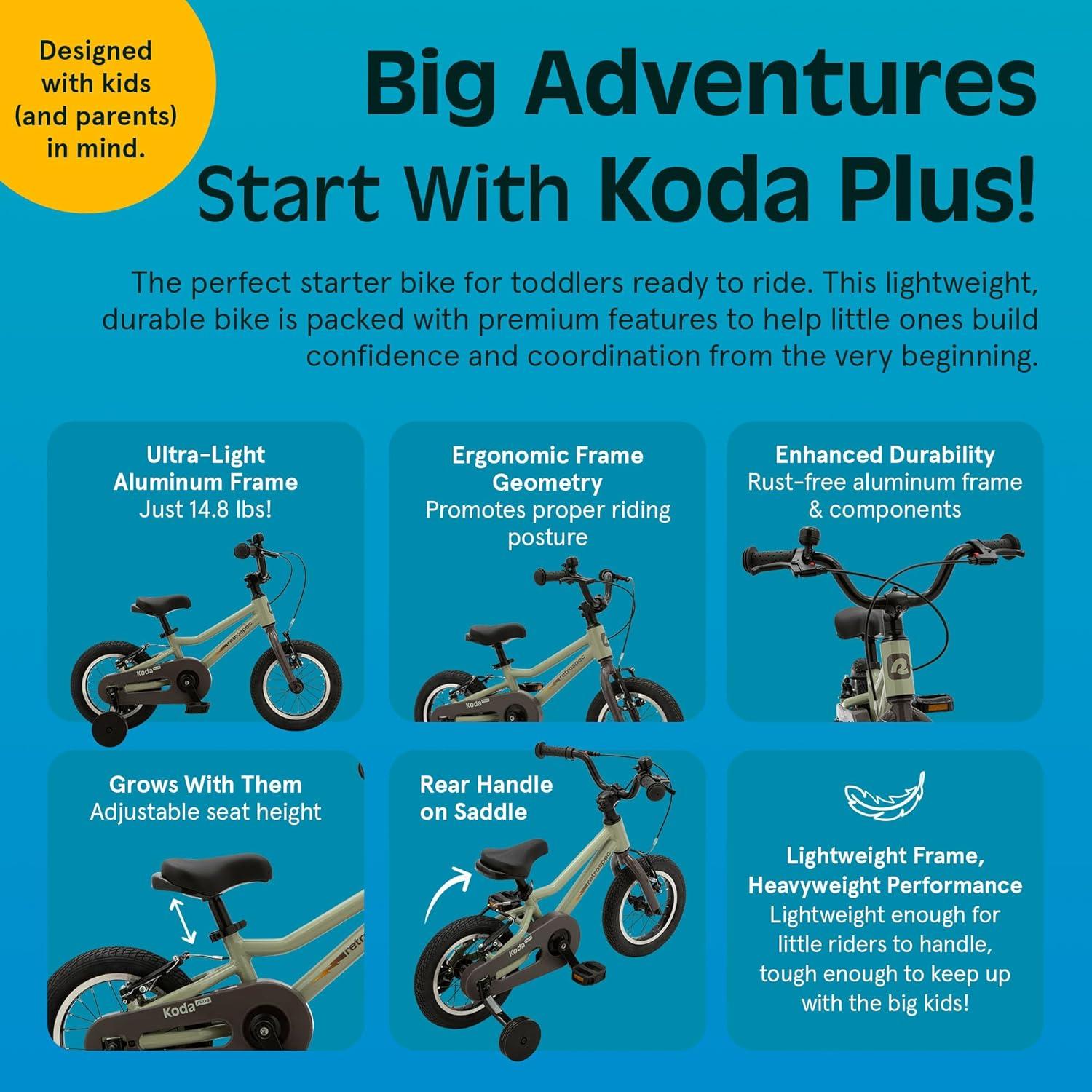 Retrospec Koda Plus Kids Bike for Boys & Girls Ages 2-3 Years – 12″ Children’s Bicycle, Adjustable Seat & Handlebars, Removable Training Wheels, Front Hand Brakes, Rear Coaster Brake & Safety Bell(Iguana)