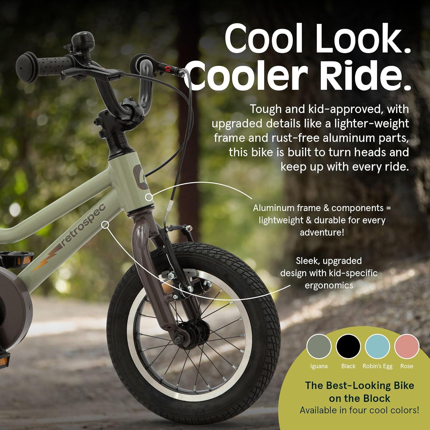 Retrospec Koda Plus Kids Bike for Boys & Girls Ages 2-3 Years – 12″ Children’s Bicycle, Adjustable Seat & Handlebars, Removable Training Wheels, Front Hand Brakes, Rear Coaster Brake & Safety Bell(Iguana)