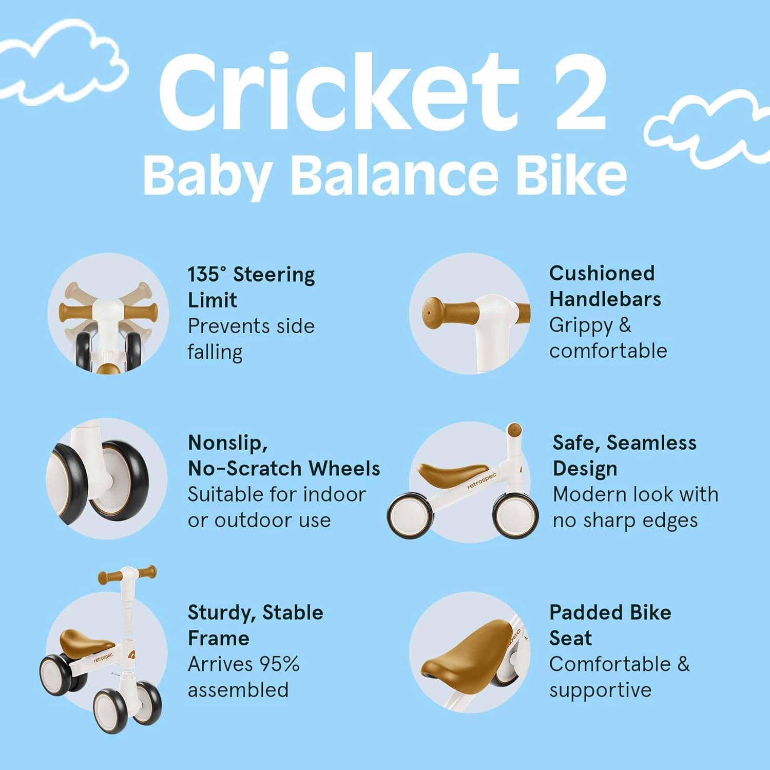 Retrospec Cricket 2 Baby Walker Balance Bike with 4 Wheels – Safe Learning Toy for Ages 12-24 Months – Scratch-Resistant Indoor Outdoor Toddler Riding Toy with Steering Limit & Soft Grips(Eggshell)