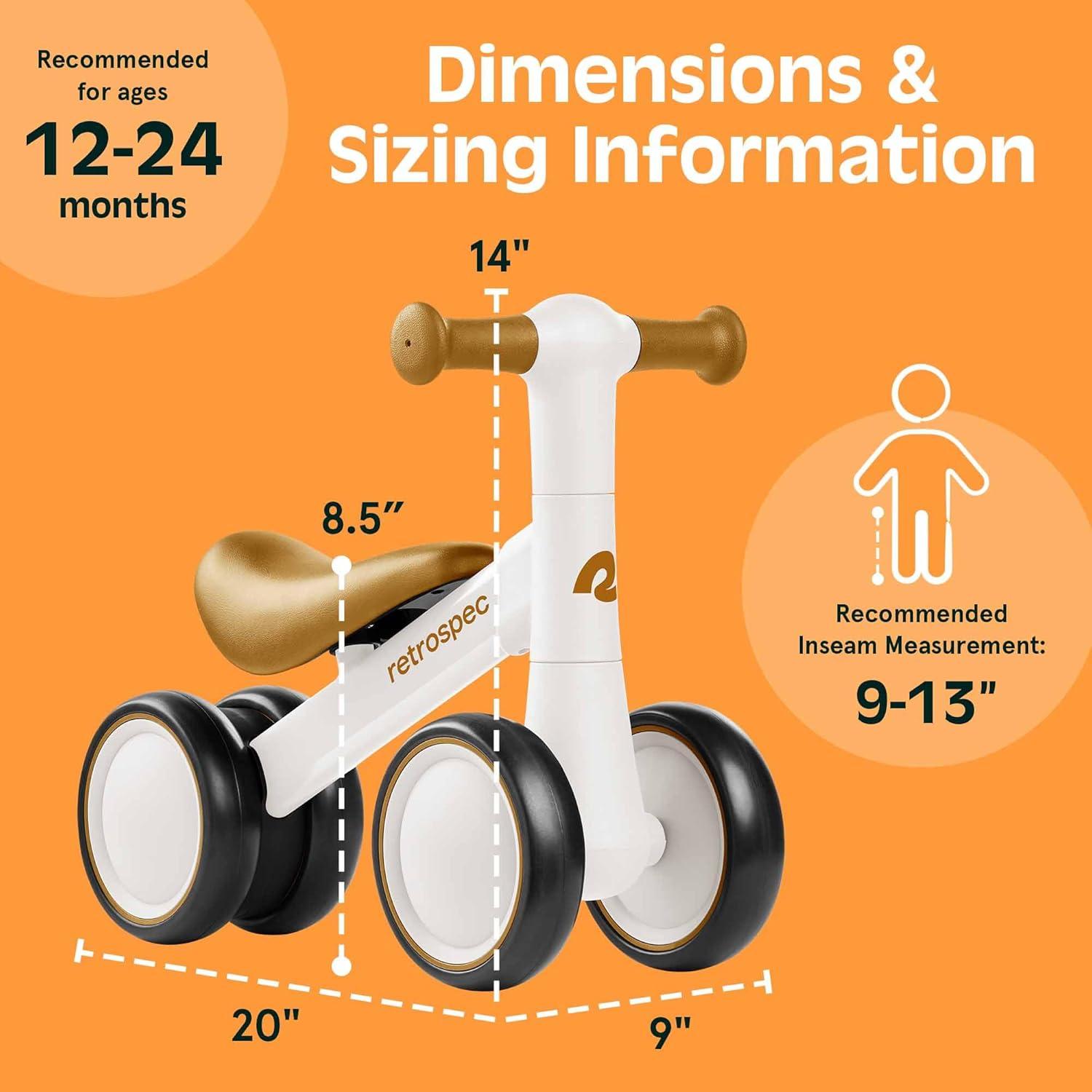 Retrospec Cricket 2 Baby Walker Balance Bike with 4 Wheels – Safe Learning Toy for Ages 12-24 Months – Scratch-Resistant Indoor Outdoor Toddler Riding Toy with Steering Limit & Soft Grips(Eggshell)