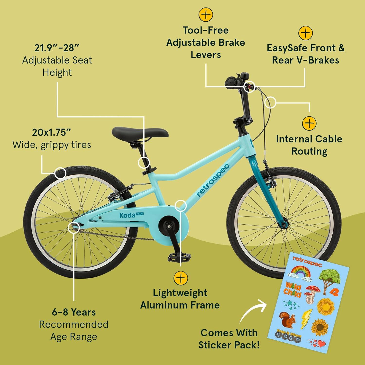 Retrospec Koda Plus Kids Bike for Boys & Girls Ages 6-8 Years – 20″ Children’s Bicycle, Adjustable Seat & Handlebars(Robins Egg)