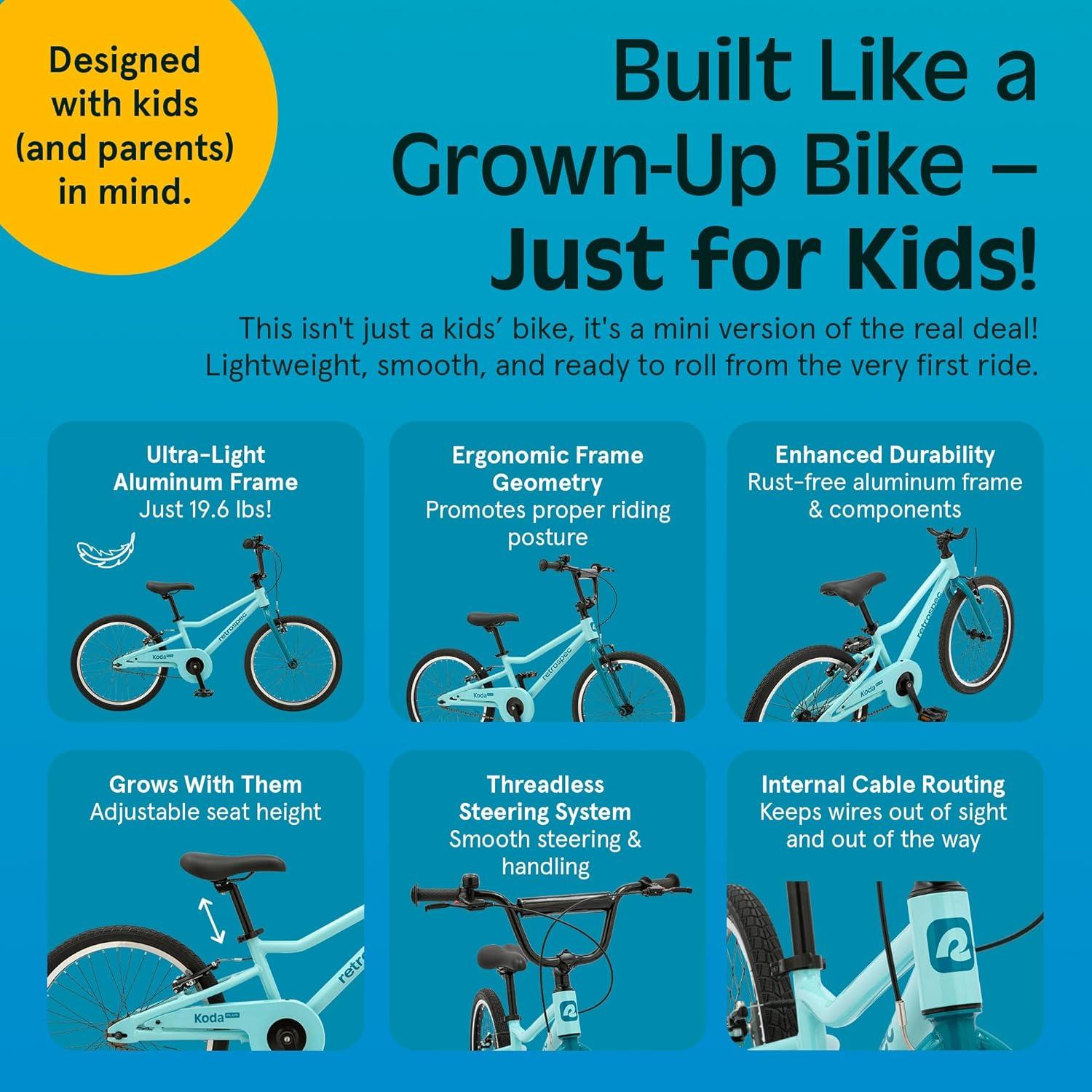 Retrospec Koda Plus Kids Bike for Boys & Girls Ages 6-8 Years – 20″ Children’s Bicycle, Adjustable Seat & Handlebars(Robins Egg)