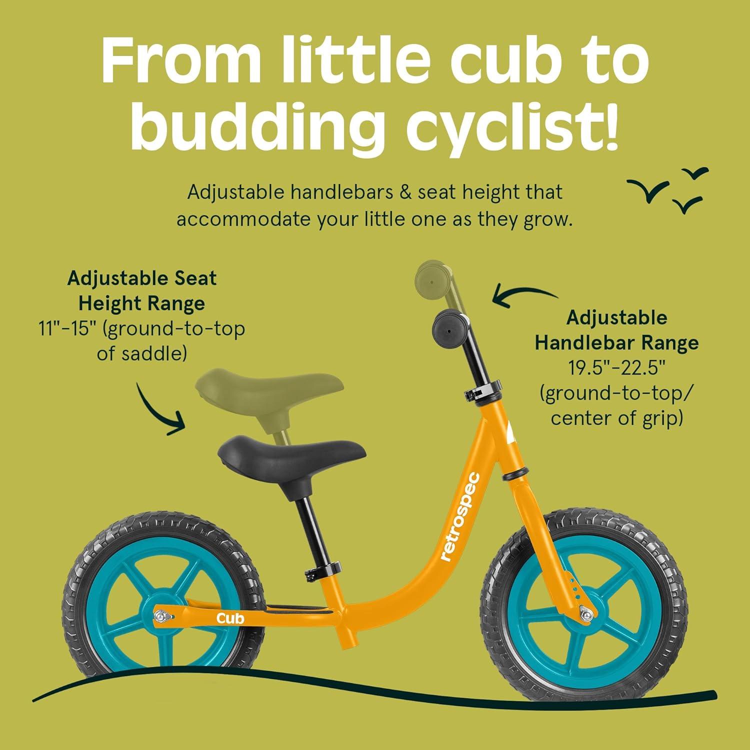 Retrospec Cub Toddler Balance Bike for Ages 18 Months – 3 Years – 12in No-Pedal Beginner Bicycle with Adjustable Seat, Puncture-Proof Tires & Safe Low Frame Design(Goldfish)