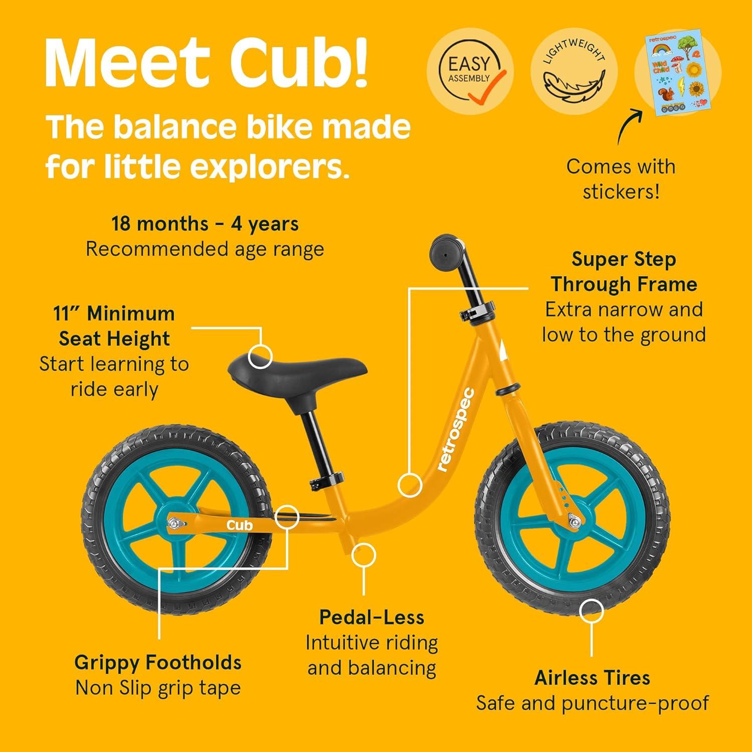 Retrospec Cub Toddler Balance Bike for Ages 18 Months – 3 Years – 12in No-Pedal Beginner Bicycle with Adjustable Seat, Puncture-Proof Tires & Safe Low Frame Design(Goldfish)
