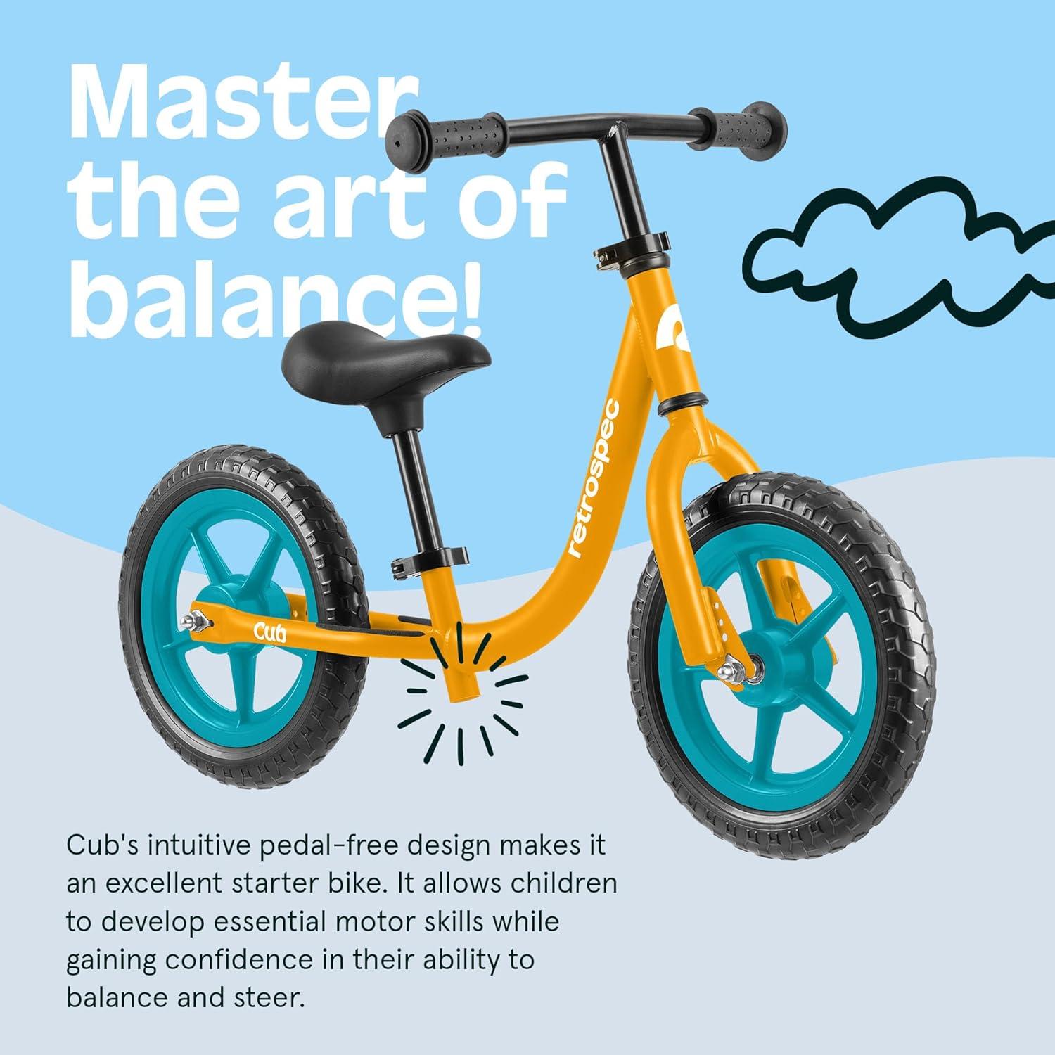 Retrospec Cub Toddler Balance Bike for Ages 18 Months – 3 Years – 12in No-Pedal Beginner Bicycle with Adjustable Seat, Puncture-Proof Tires & Safe Low Frame Design(Goldfish)