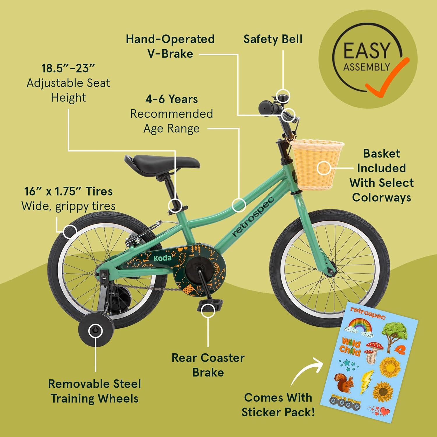 Retrospec Koda Plus Kids Bike for Boys & Girls Ages 4-6 Years – 16″ Children’s Bicycle, Adjustable Seat & Handlebars(Mantis)