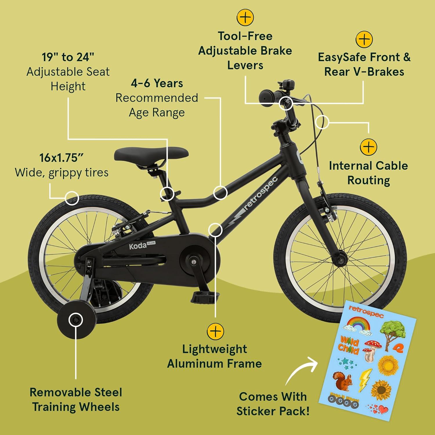 Retrospec Koda Plus Kids Bike for Boys & Girls Ages 4-6 Years – 16″ Children’s Bicycle, Adjustable Seat & Handlebars(Matte Black)
