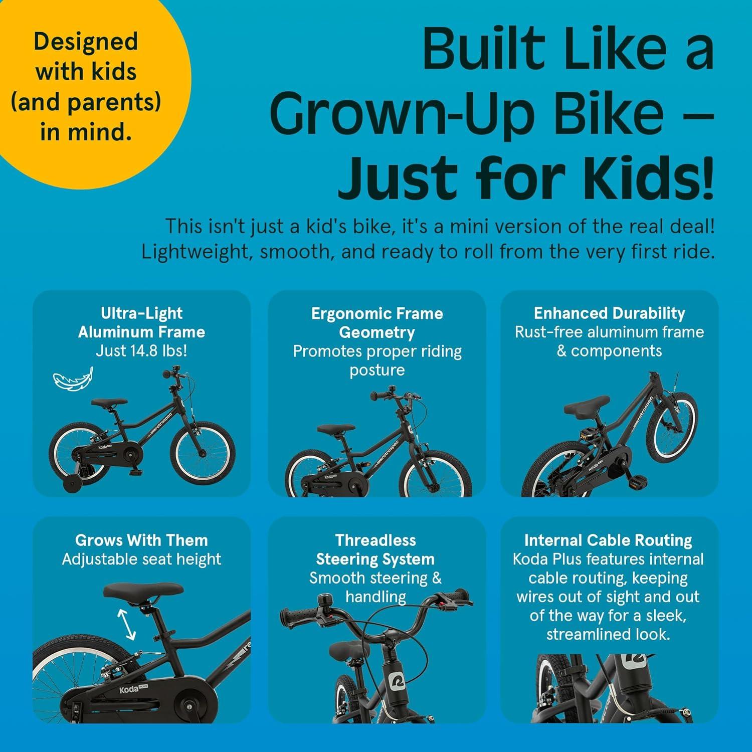 Retrospec Koda Plus Kids Bike for Boys & Girls Ages 4-6 Years – 16″ Children’s Bicycle, Adjustable Seat & Handlebars(Matte Black)