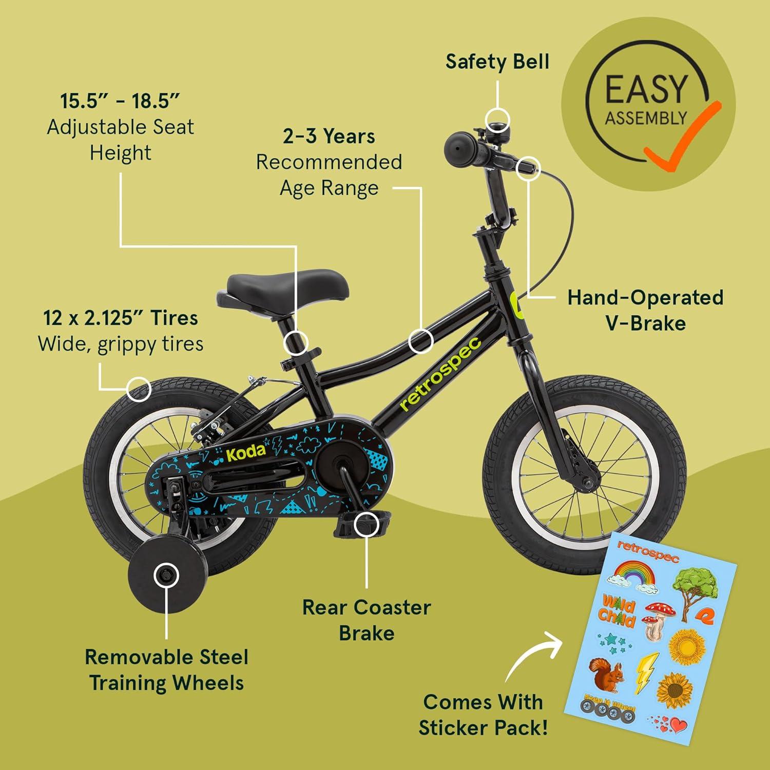 Retrospec Koda Plus Kids Bike for Boys & Girls Ages 2-3 Years – 12″ Children’s Bicycle, Adjustable Seat & Handlebars, Removable Training Wheels, Front Hand Brakes, Rear Coaster Brake & Safety Bell(Black Neon)
