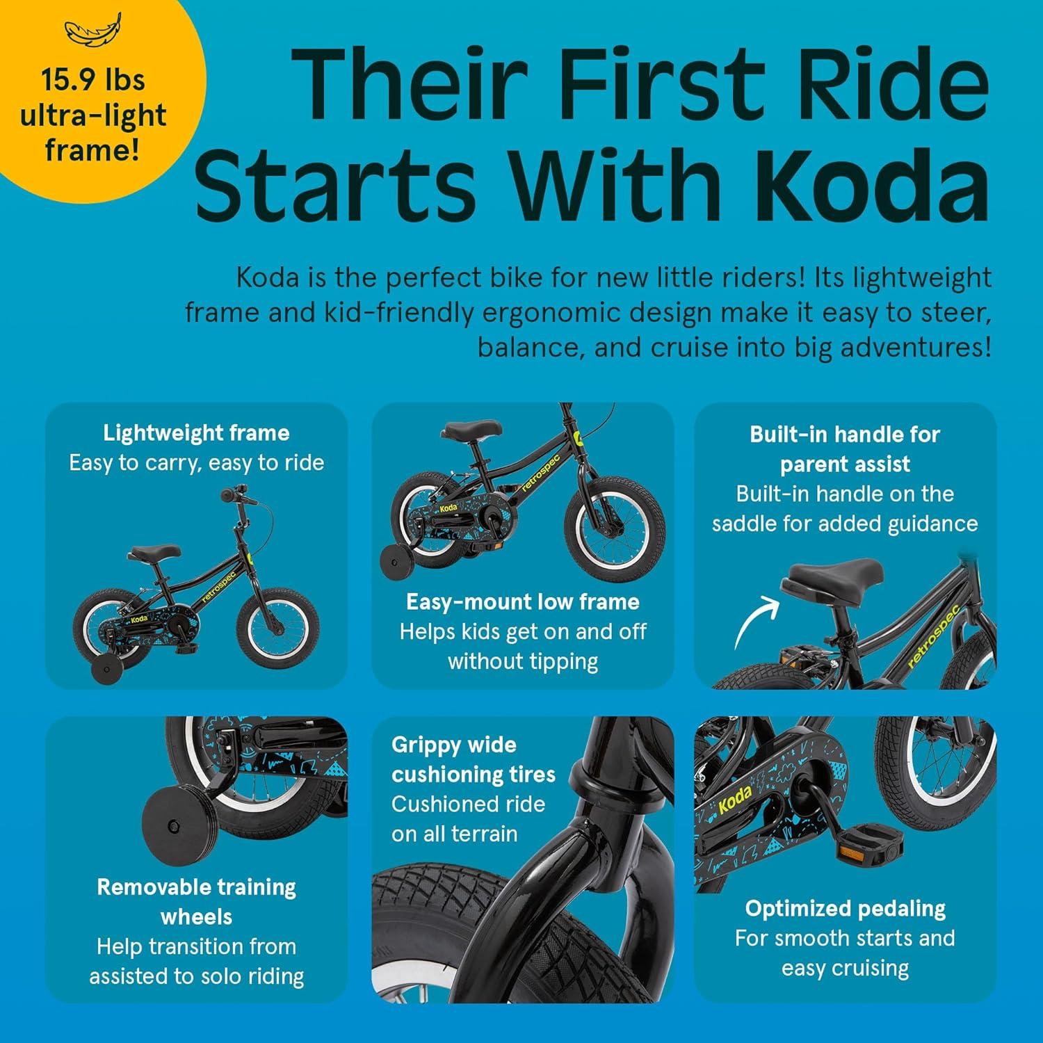 Retrospec Koda Plus Kids Bike for Boys & Girls Ages 2-3 Years – 12″ Children’s Bicycle, Adjustable Seat & Handlebars, Removable Training Wheels, Front Hand Brakes, Rear Coaster Brake & Safety Bell(Black Neon)