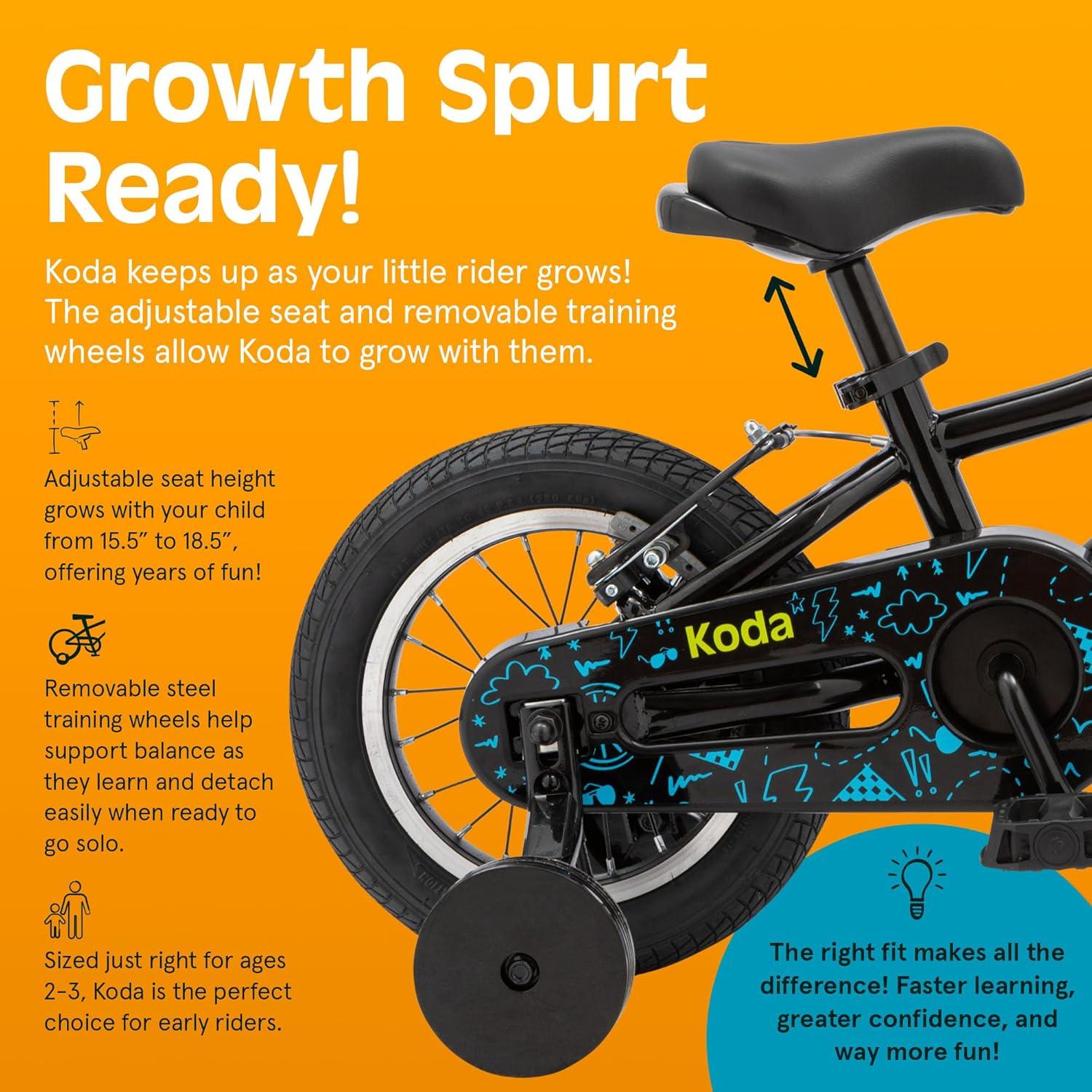 Retrospec Koda Plus Kids Bike for Boys & Girls Ages 2-3 Years – 12″ Children’s Bicycle, Adjustable Seat & Handlebars, Removable Training Wheels, Front Hand Brakes, Rear Coaster Brake & Safety Bell(Black Neon)