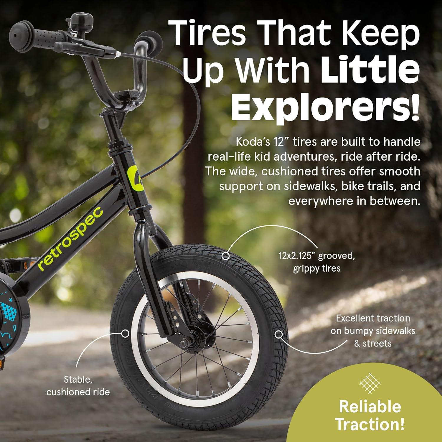 Retrospec Koda Plus Kids Bike for Boys & Girls Ages 2-3 Years – 12″ Children’s Bicycle, Adjustable Seat & Handlebars, Removable Training Wheels, Front Hand Brakes, Rear Coaster Brake & Safety Bell(Black Neon)