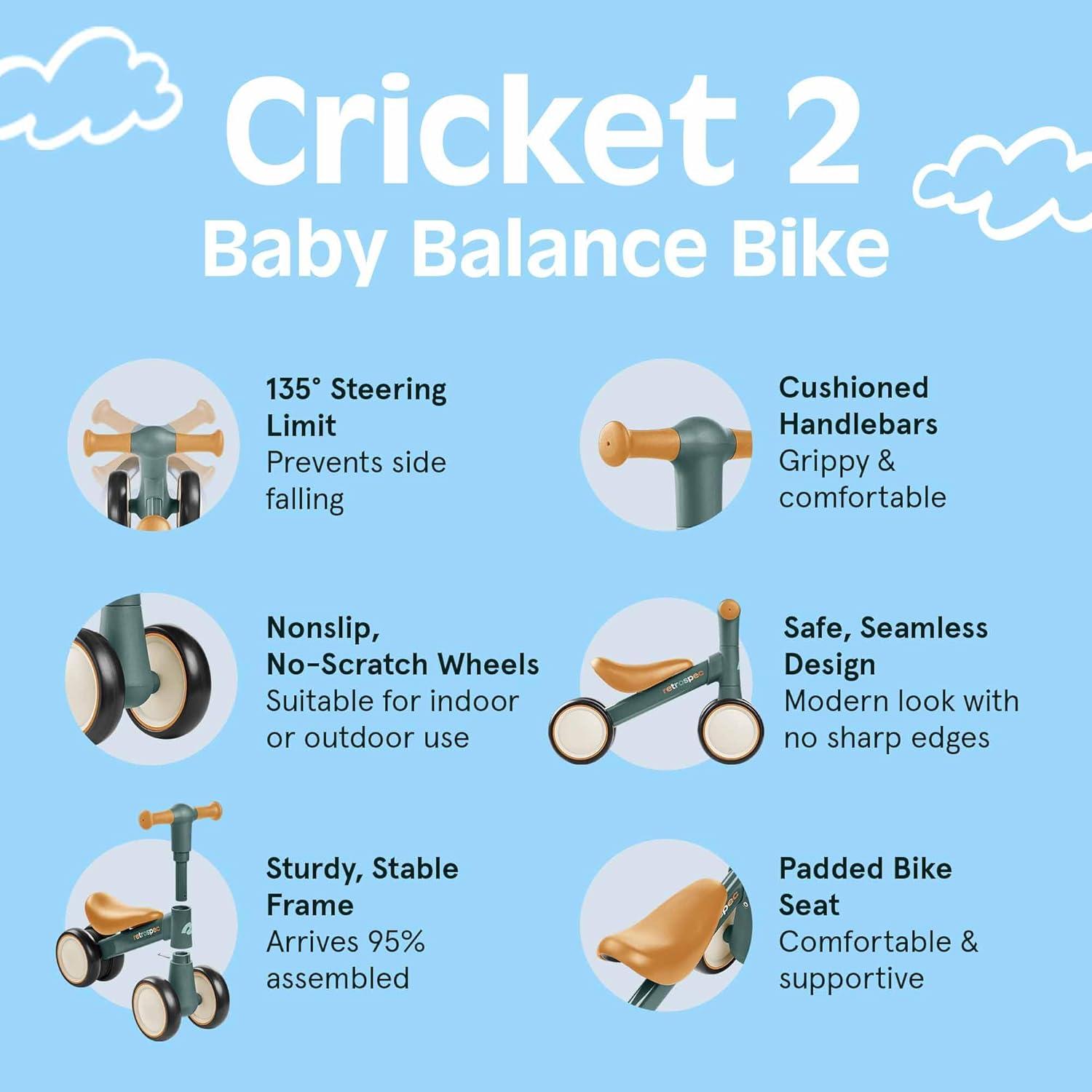 Retrospec Cricket 2 Baby Walker Balance Bike with 4 Wheels – Safe Learning Toy for Ages 12-24 Months – Scratch-Resistant Indoor Outdoor Toddler Riding Toy with Steering Limit & Soft Grips(Rainforest)