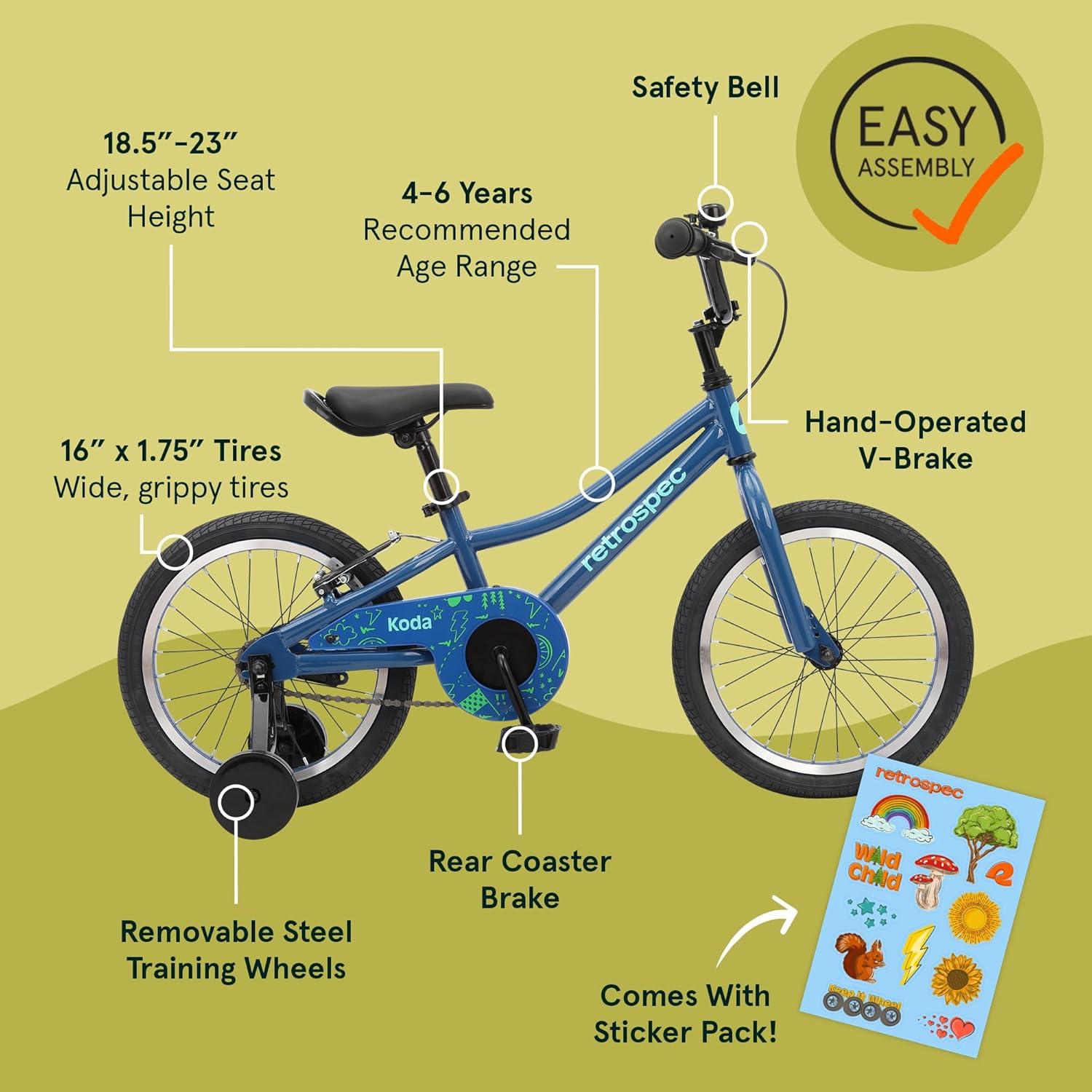 Retrospec Koda Plus Kids Bike for Boys & Girls Ages 4-6 Years – 16″ Children’s Bicycle, Adjustable Seat & Handlebars(Blue Bolt)