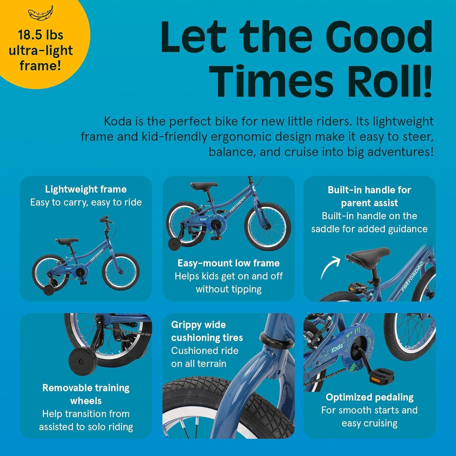 Retrospec Koda Plus Kids Bike for Boys & Girls Ages 4-6 Years – 16″ Children’s Bicycle, Adjustable Seat & Handlebars(Blue Bolt)