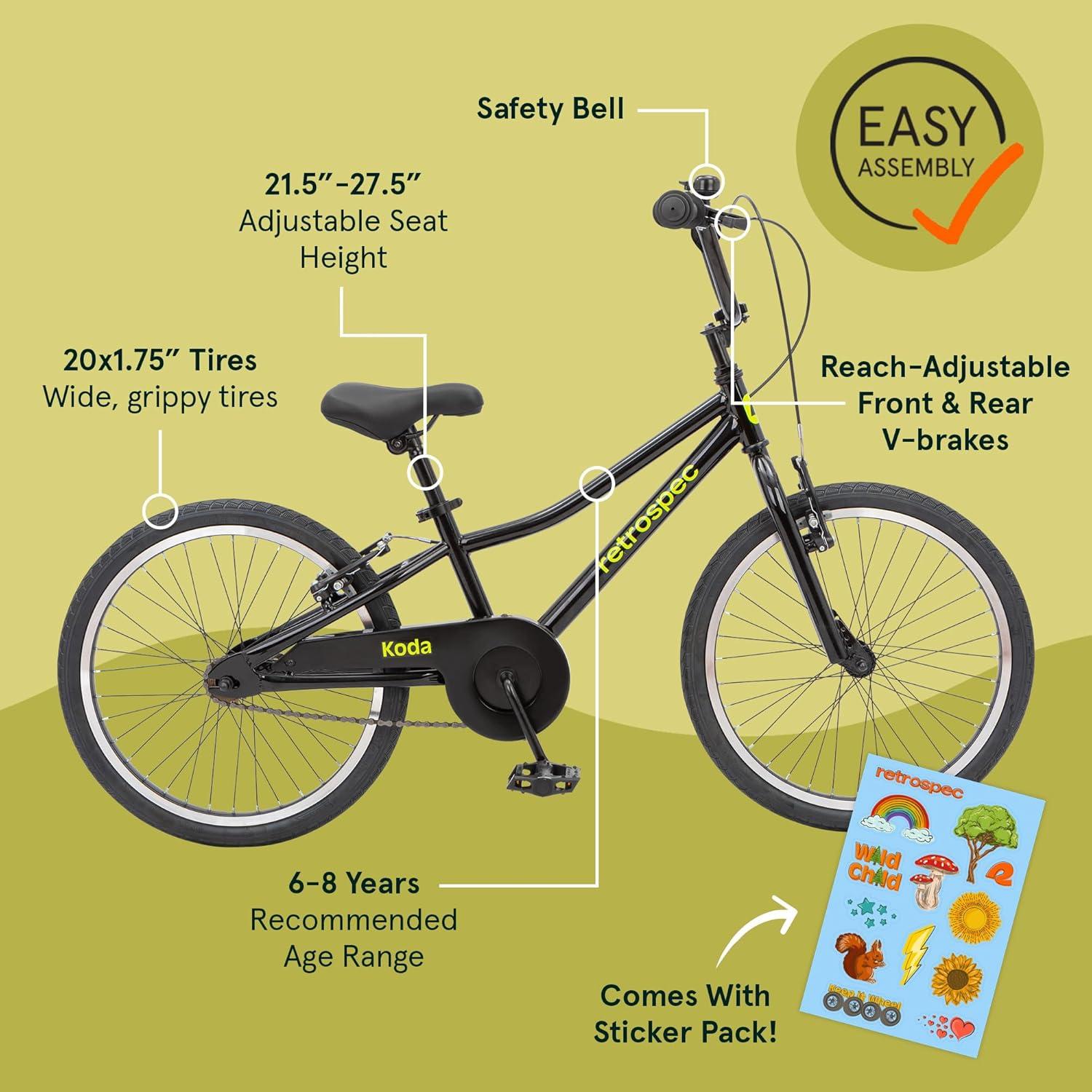 Retrospec Koda Plus Kids Bike for Boys & Girls Ages 6-8 Years – 20″ Children’s Bicycle, Adjustable Seat & Handlebars(Black Neon)