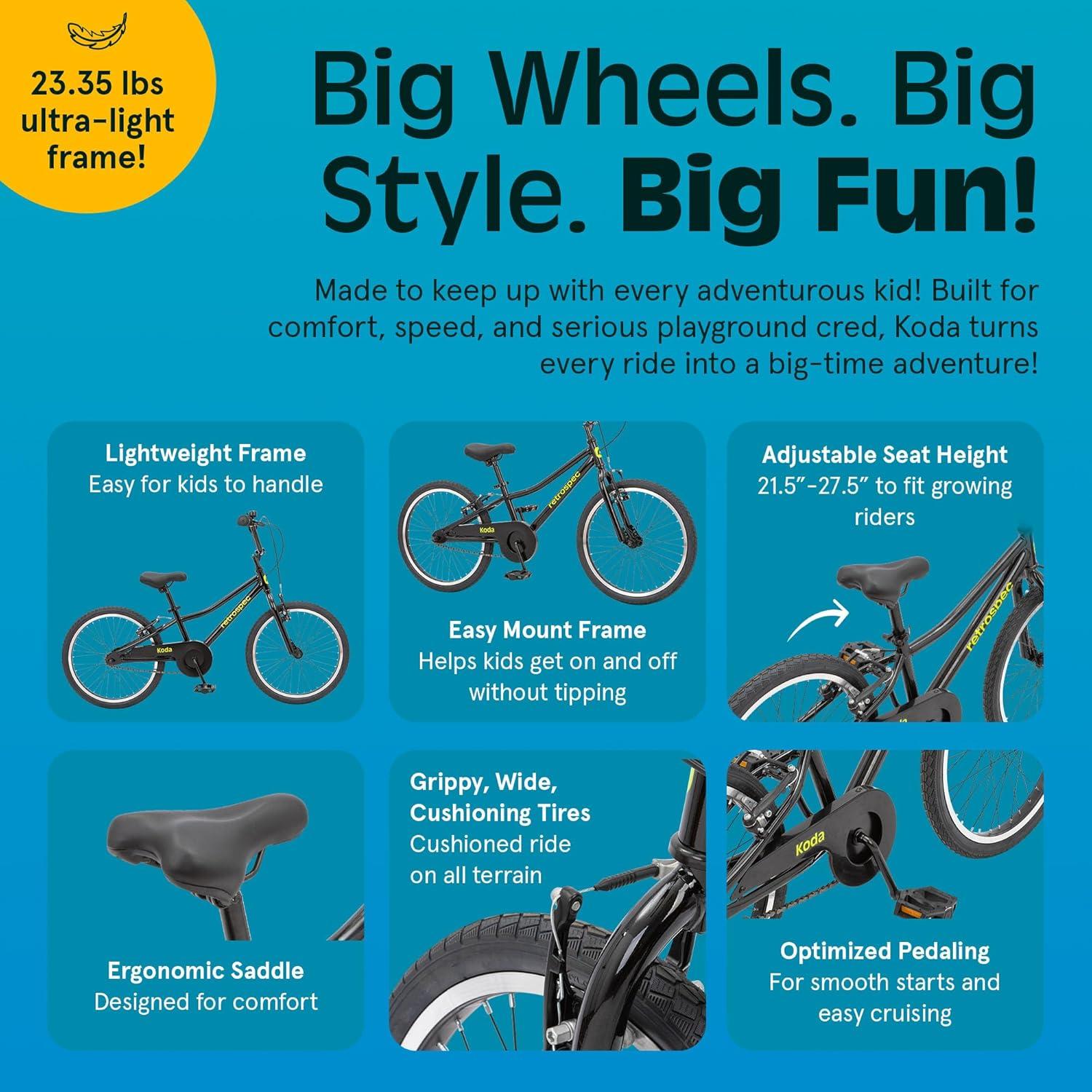 Retrospec Koda Plus Kids Bike for Boys & Girls Ages 6-8 Years – 20″ Children’s Bicycle, Adjustable Seat & Handlebars(Black Neon)
