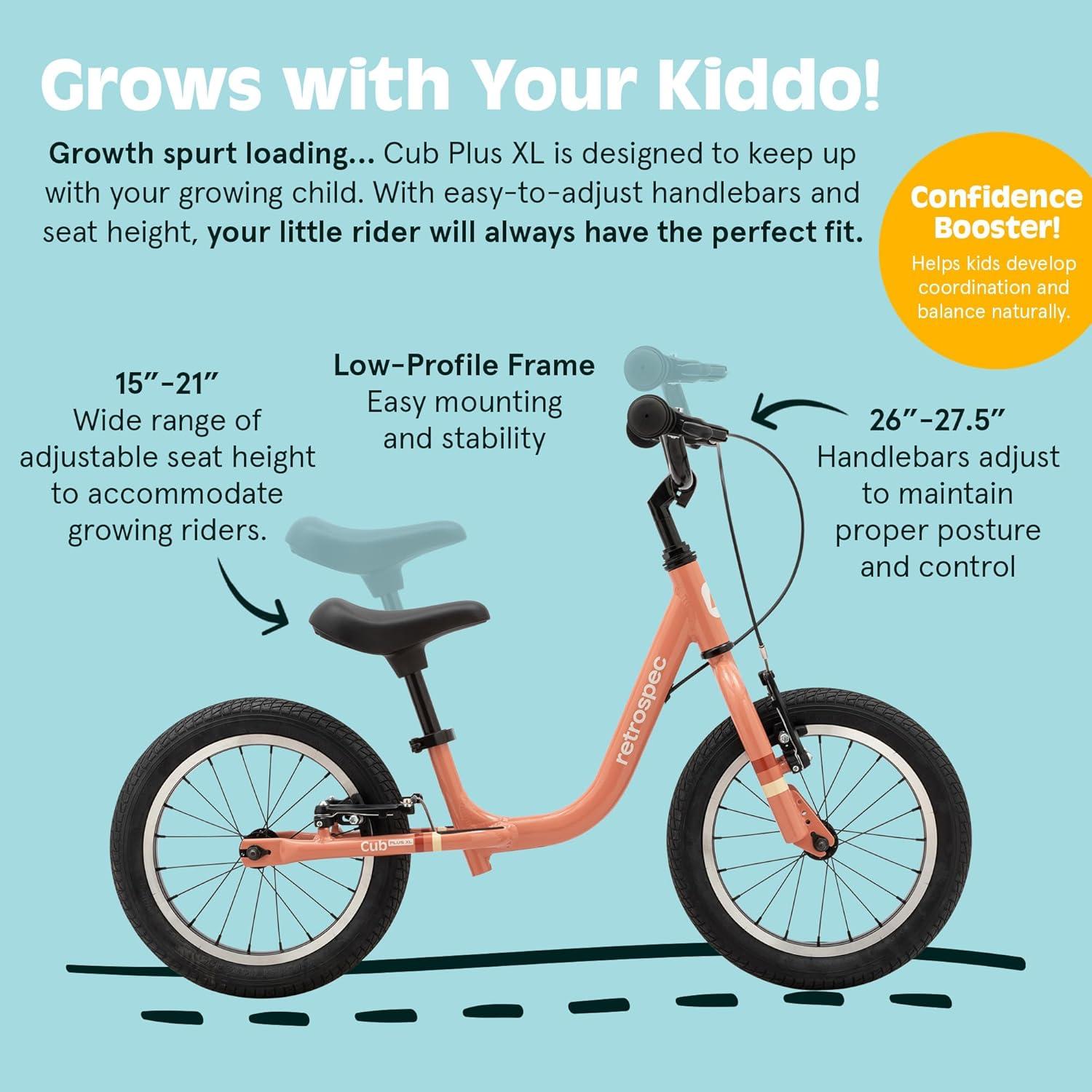Retrospec Cub Plus XL Kids Balance Bike – 14in Outdoor Toddler Bike with Adjustable Height 15-21in – Lightweight Aluminum Frame & Hand Brakes for Ages 4-6 – Training with Air Tires(Rose)