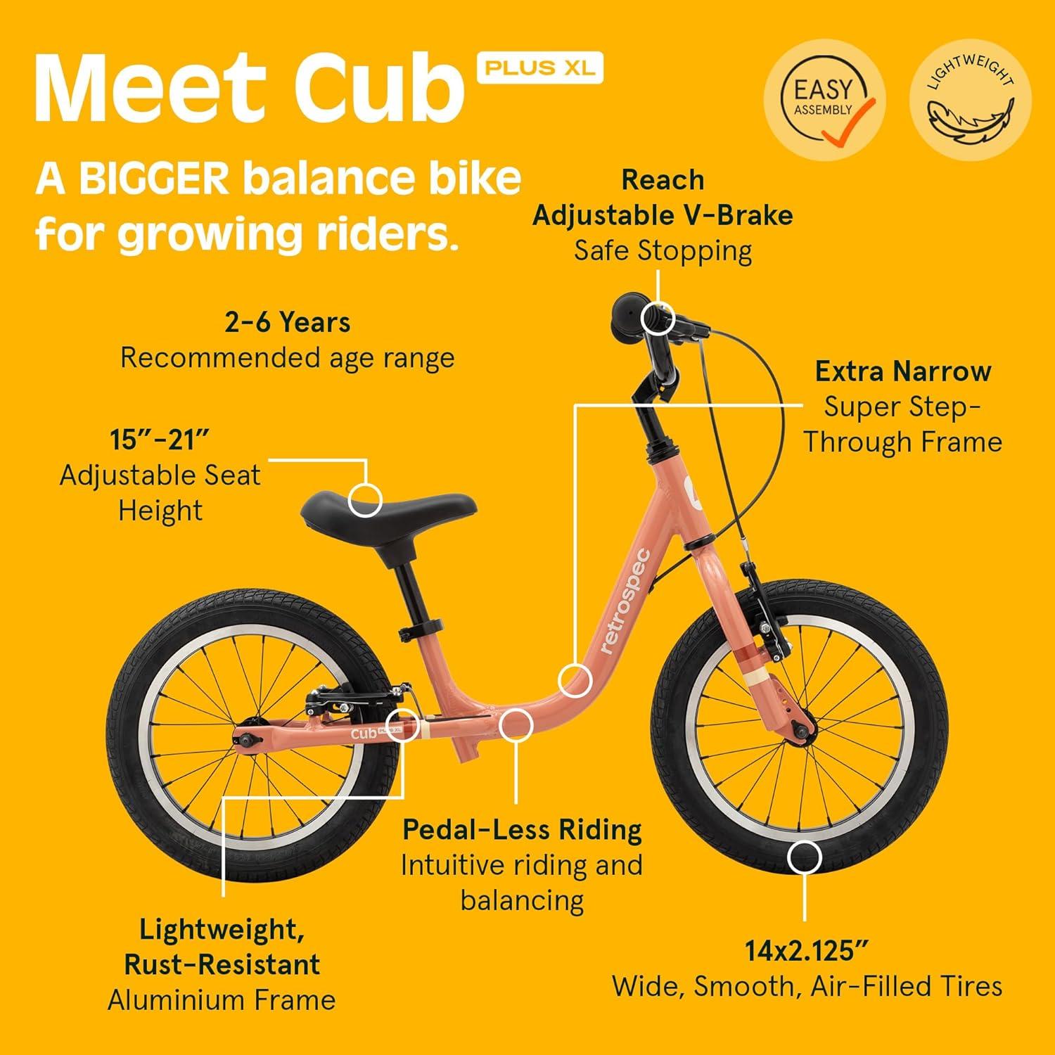 Retrospec Cub Plus XL Kids Balance Bike – 14in Outdoor Toddler Bike with Adjustable Height 15-21in – Lightweight Aluminum Frame & Hand Brakes for Ages 4-6 – Training with Air Tires(Rose)