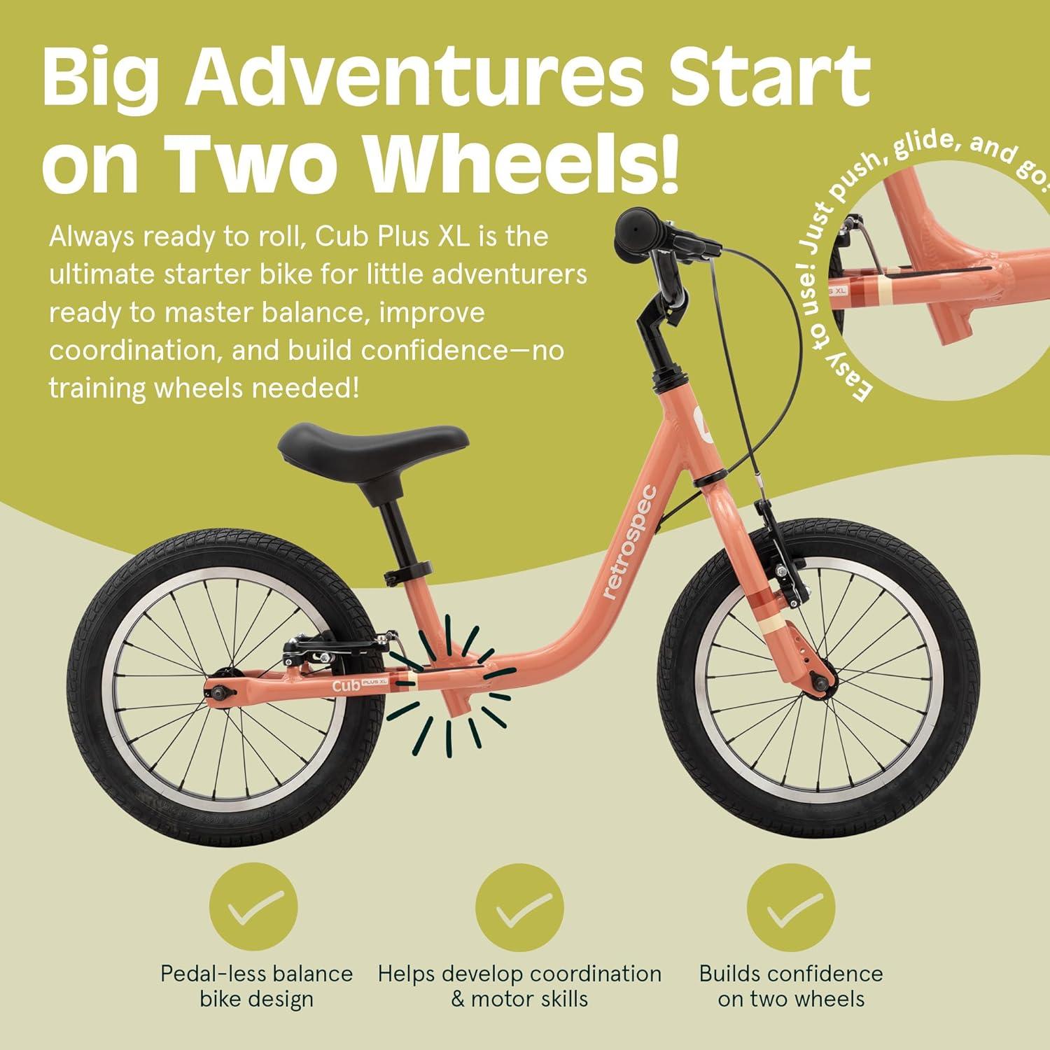 Retrospec Cub Plus XL Kids Balance Bike – 14in Outdoor Toddler Bike with Adjustable Height 15-21in – Lightweight Aluminum Frame & Hand Brakes for Ages 4-6 – Training with Air Tires(Rose)