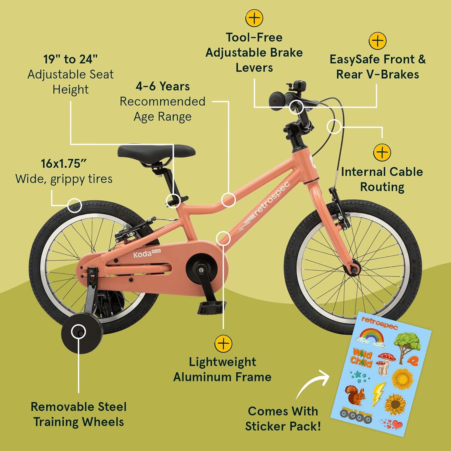 Retrospec Koda Plus Kids Bike for Boys & Girls Ages 4-6 Years – 16″ Children’s Bicycle, Adjustable Seat & Handlebars(Rose)