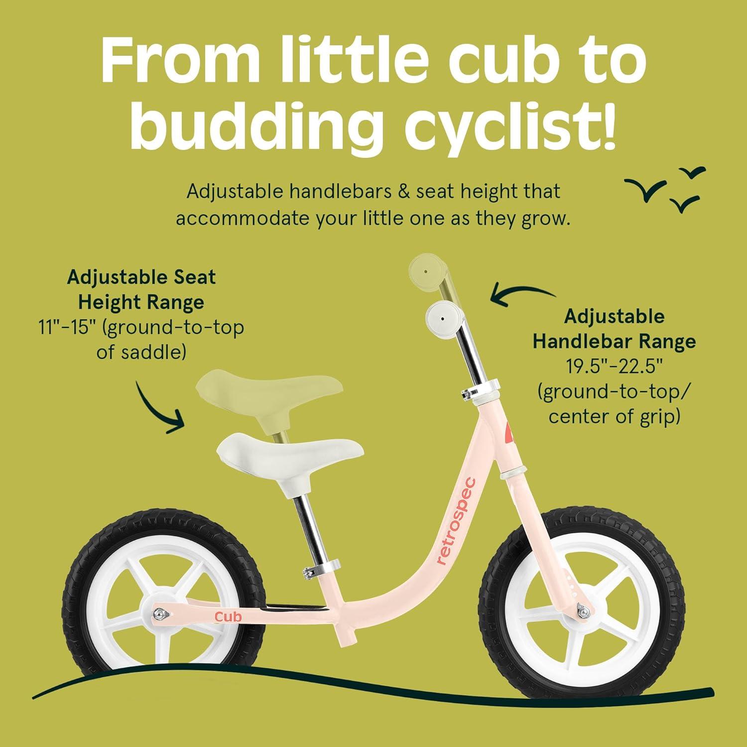 Retrospec Cub Toddler Balance Bike for Ages 18 Months – 3 Years – 12in No-Pedal Beginner Bicycle with Adjustable Seat, Puncture-Proof Tires & Safe Low Frame Design(Blush)