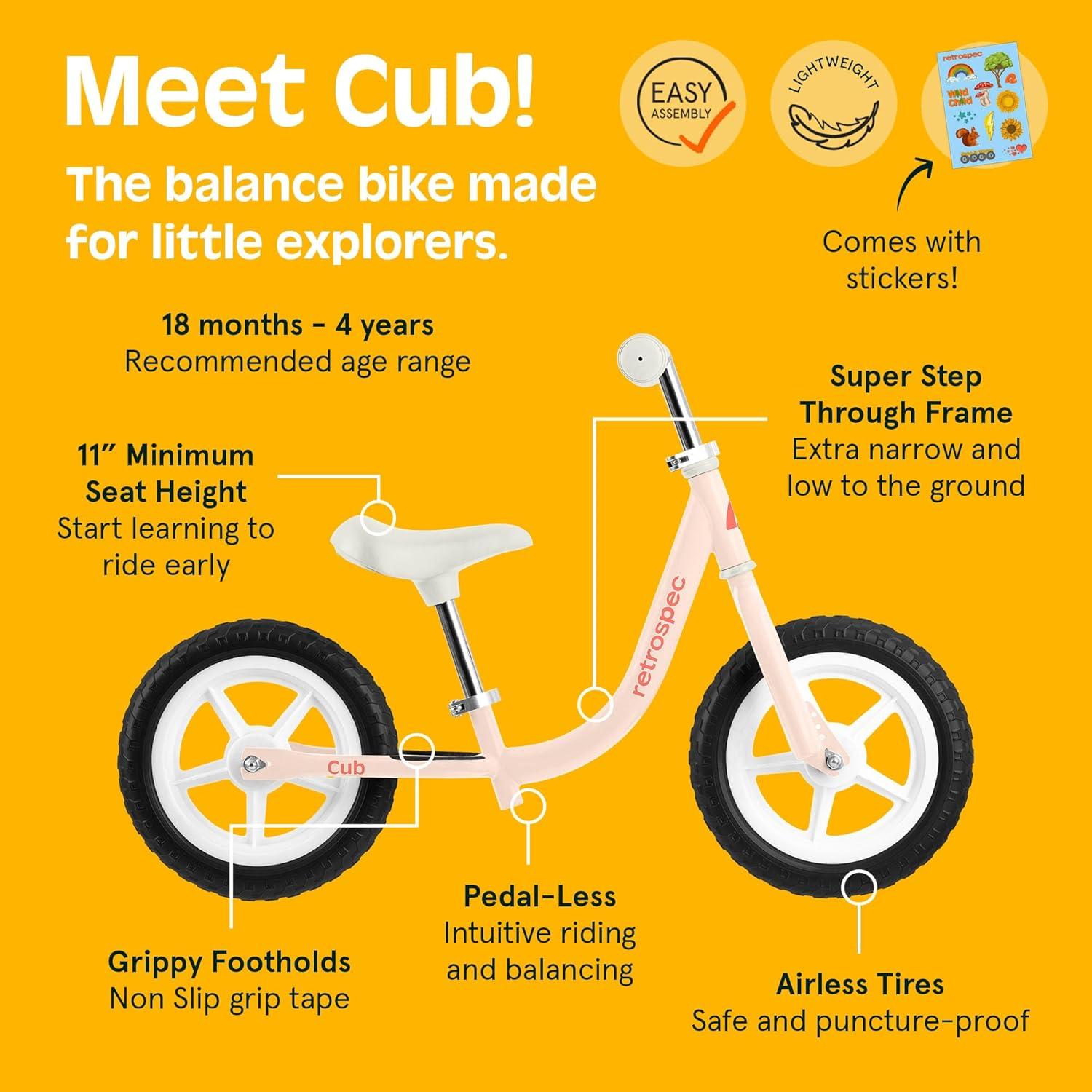 Retrospec Cub Toddler Balance Bike for Ages 18 Months – 3 Years – 12in No-Pedal Beginner Bicycle with Adjustable Seat, Puncture-Proof Tires & Safe Low Frame Design(Blush)