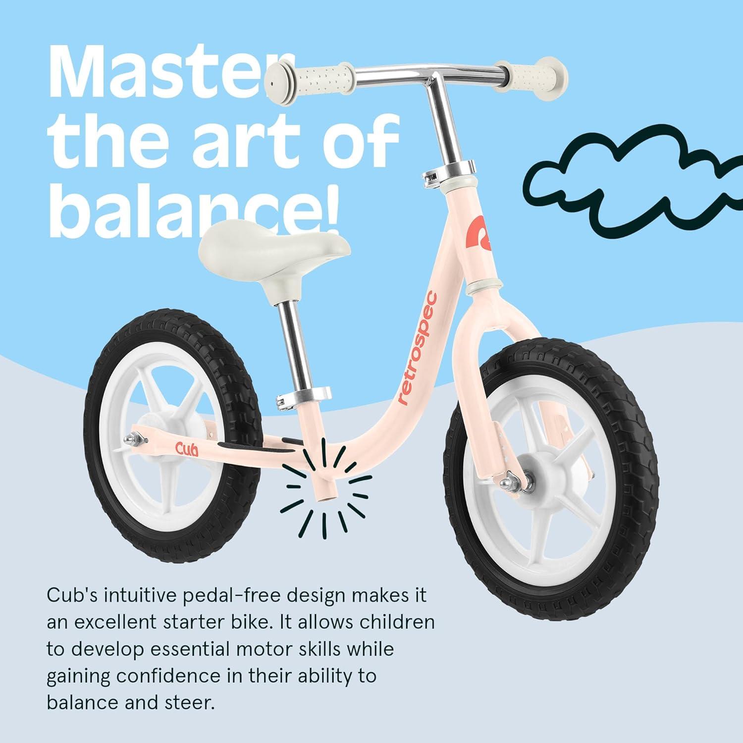 Retrospec Cub Toddler Balance Bike for Ages 18 Months – 3 Years – 12in No-Pedal Beginner Bicycle with Adjustable Seat, Puncture-Proof Tires & Safe Low Frame Design(Blush)