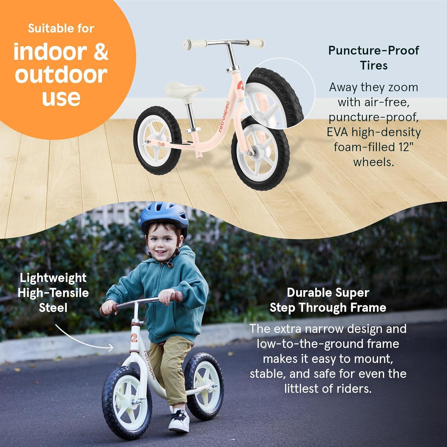 Retrospec Cub Toddler Balance Bike for Ages 18 Months – 3 Years – 12in No-Pedal Beginner Bicycle with Adjustable Seat, Puncture-Proof Tires & Safe Low Frame Design(Blush)